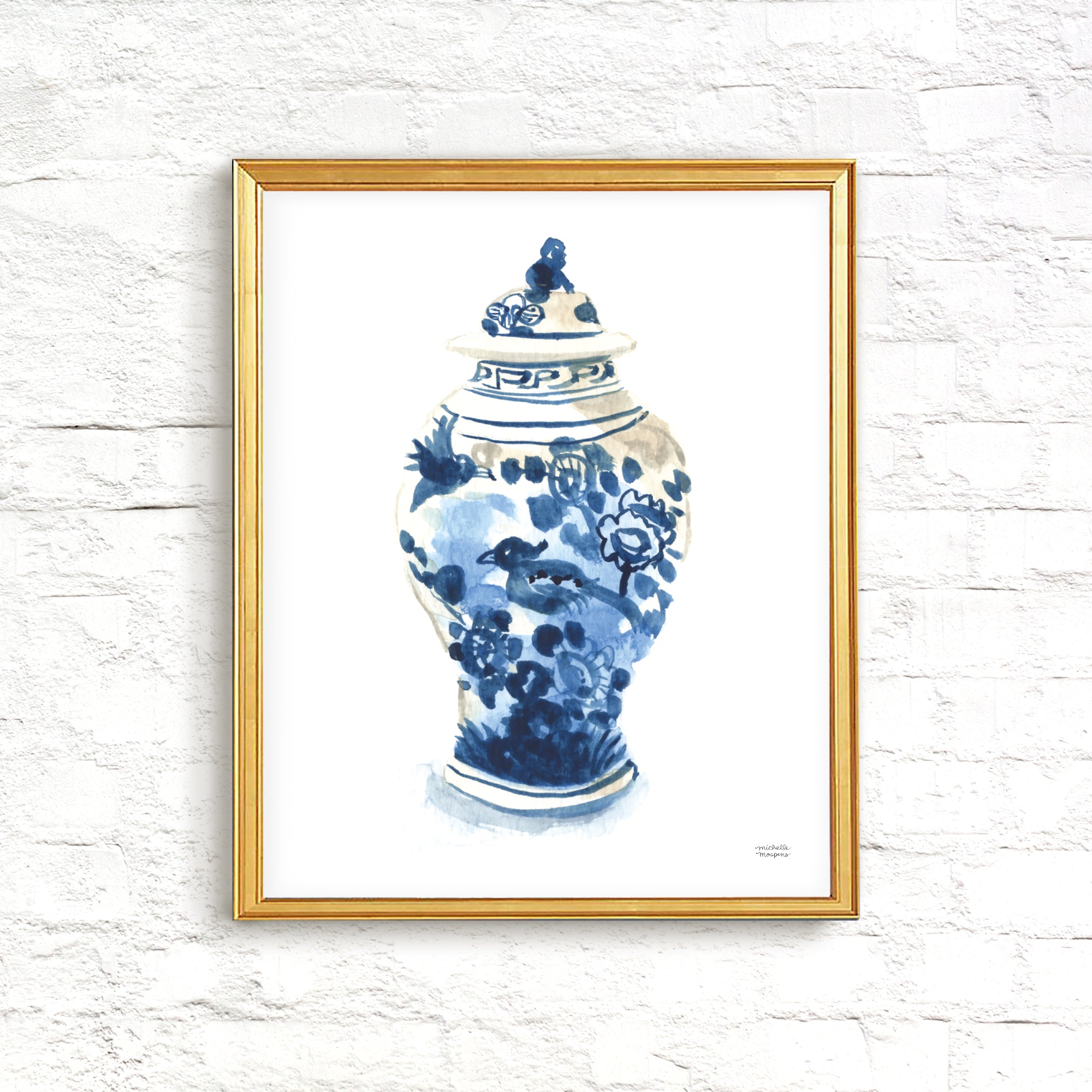 Grandmillennial Blue Ginger Jar Watercolor Wall Art Print