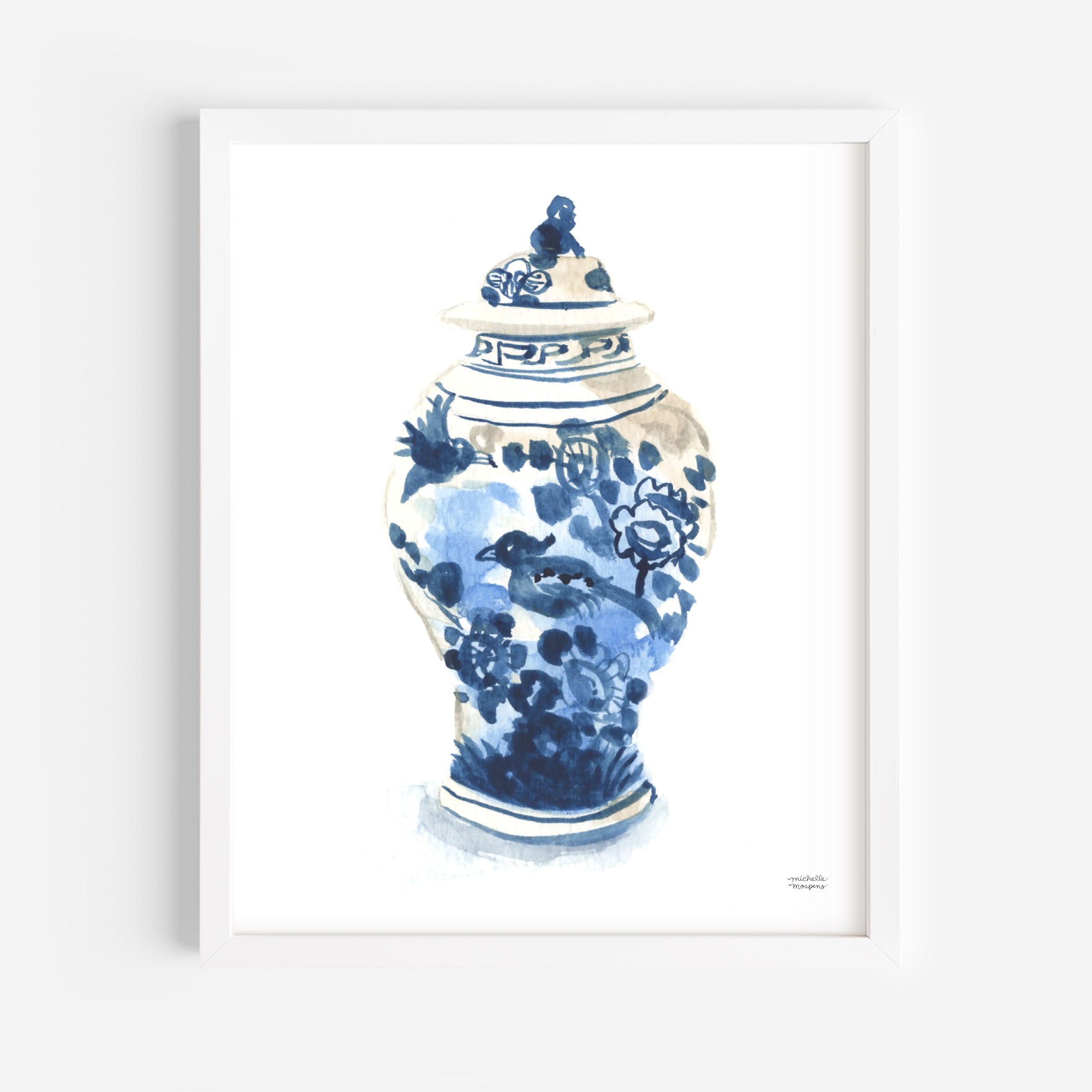 Grandmillennial Blue Ginger Jar Watercolor Wall Art Print