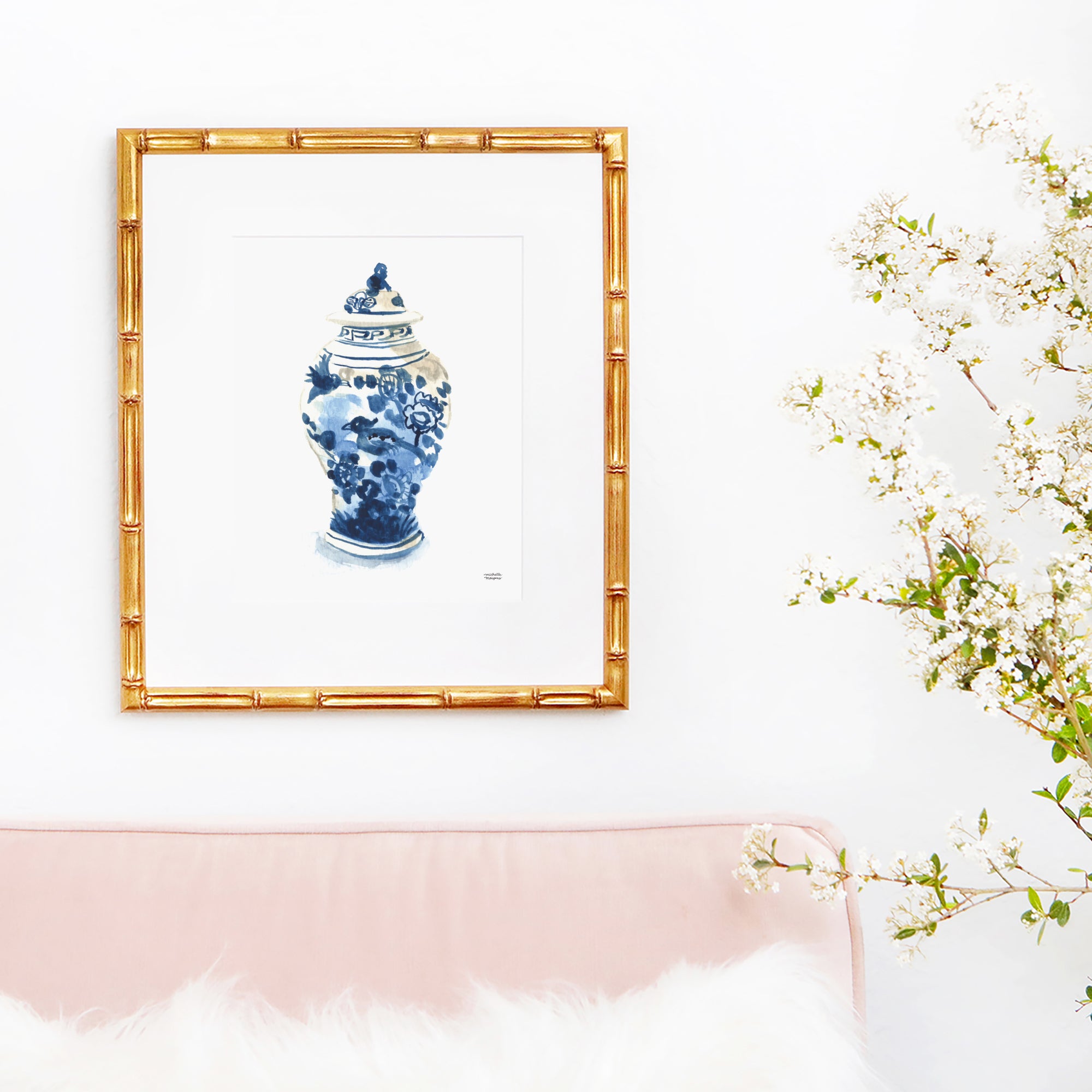 Hamptons style ginger jar watercolor painting wall art print. Coastal grandmillennial artwork by artist Michelle Mospens.