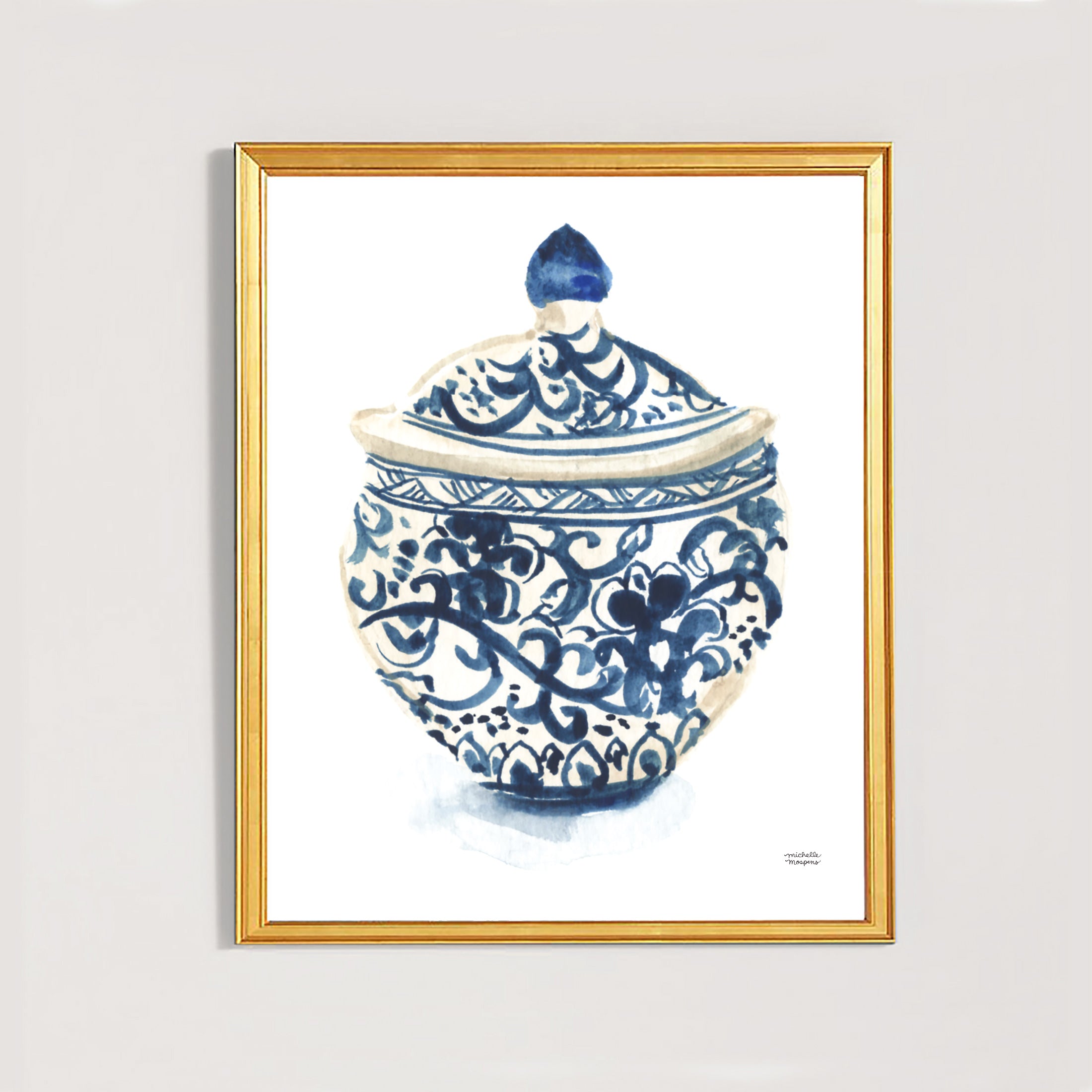 Blue and white Ginger Jar Vase No. 2 watercolor painting wall art print by artist Michelle Mospens.