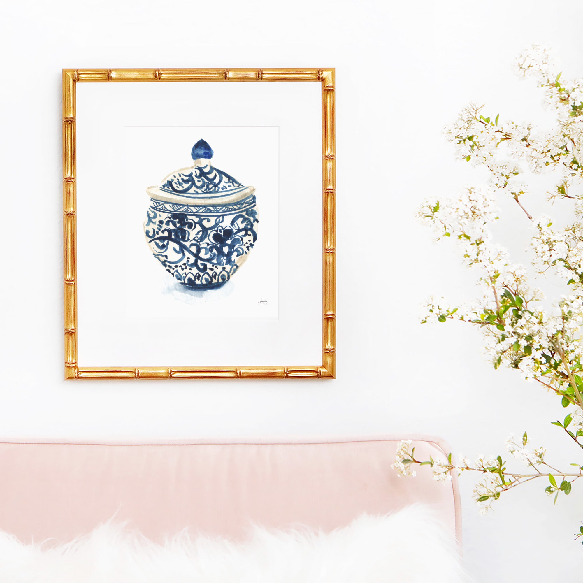 Blue and white Ginger Jar Vase No. 2 watercolor painting wall art print by artist Michelle Mospens.