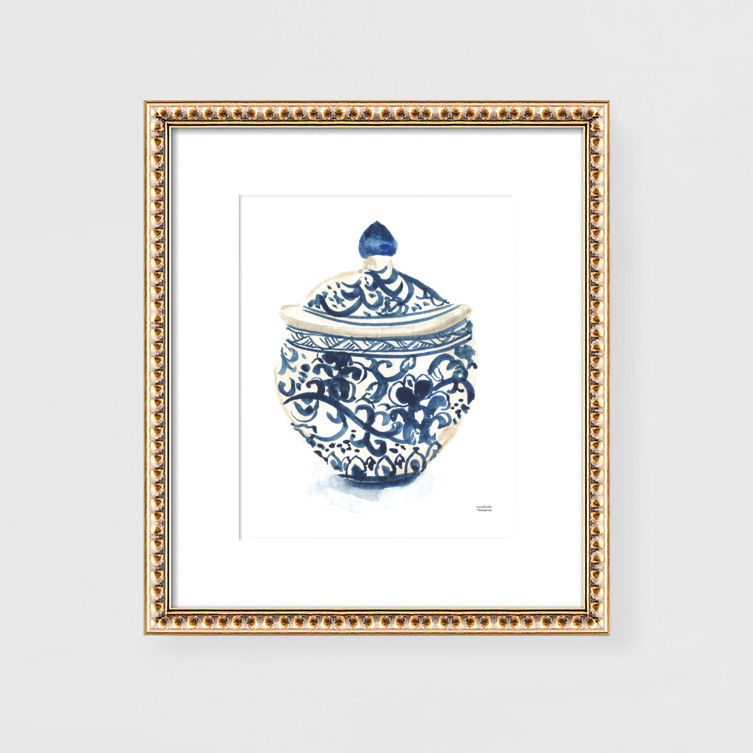 Blue and white Ginger Jar Vase No. 2 watercolor painting wall art print by artist Michelle Mospens.