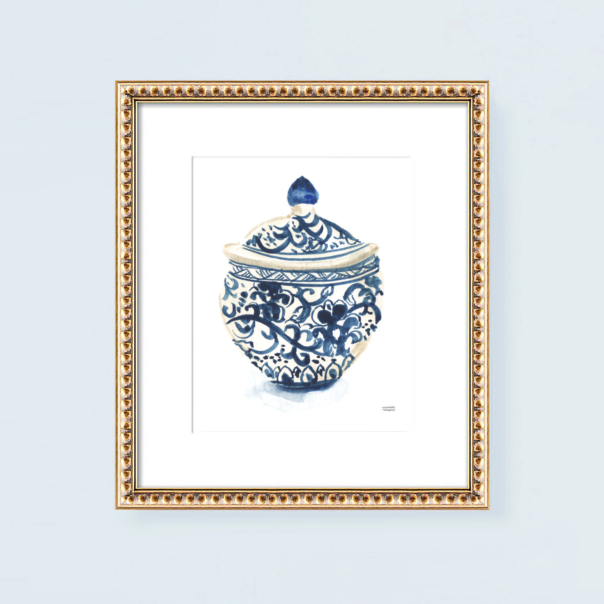 Blue and white Ginger Jar Vase No. 2 watercolor painting wall art print by artist Michelle Mospens.