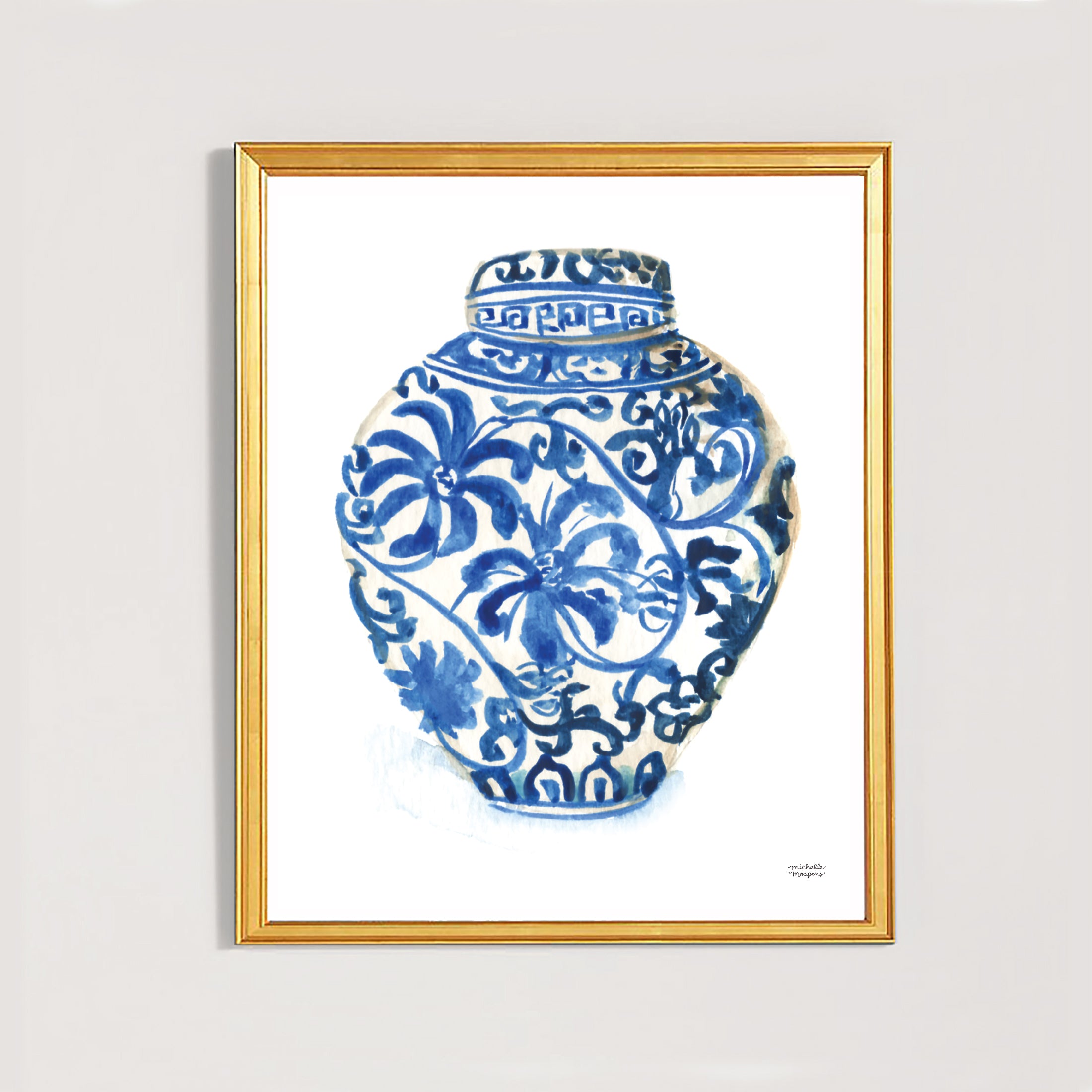 Blue and white vase Ginger Jar No. 3 watercolor painting wall art print by artist Michelle Mospens.