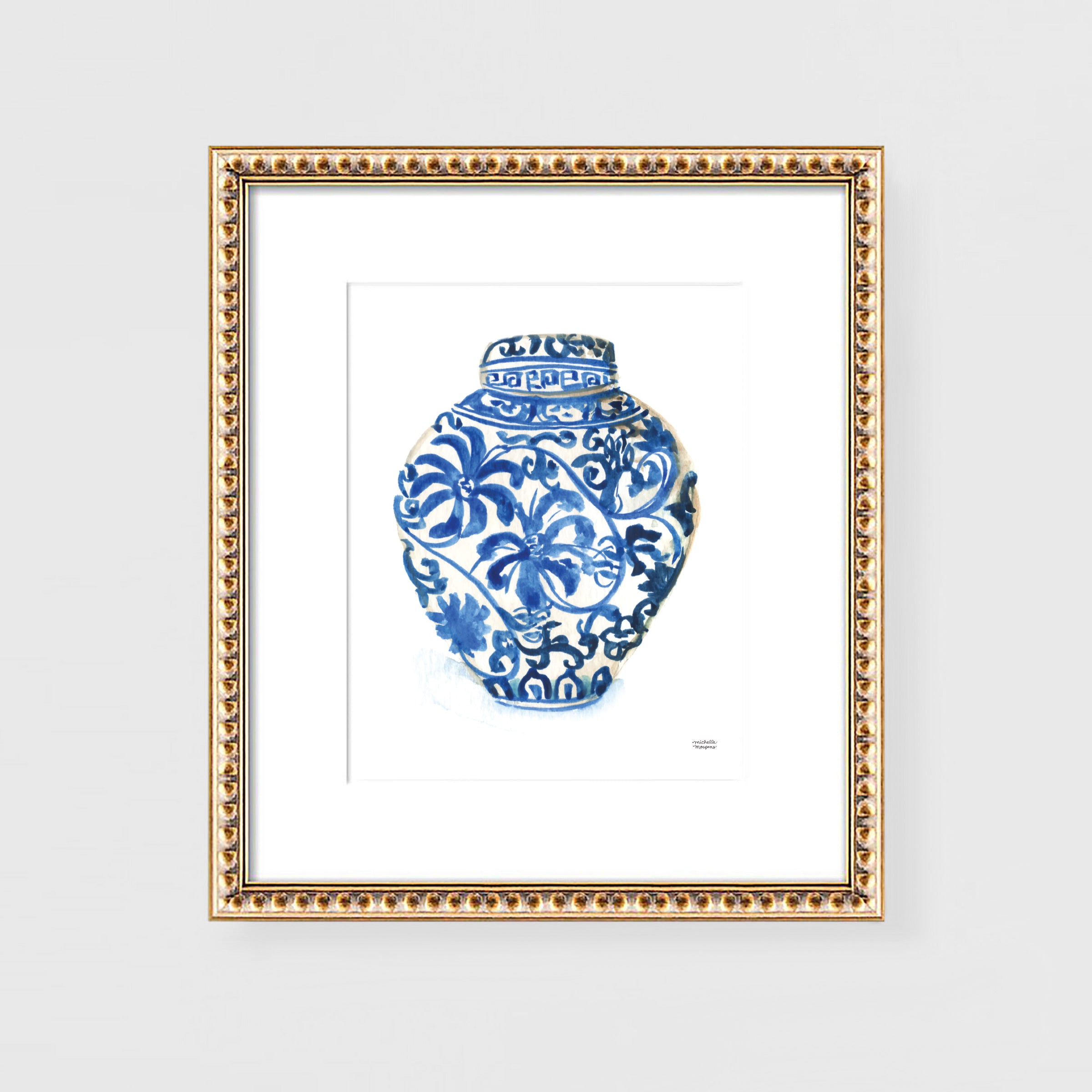 Blue and white vase Ginger Jar No. 3 watercolor painting wall art print by artist Michelle Mospens.
