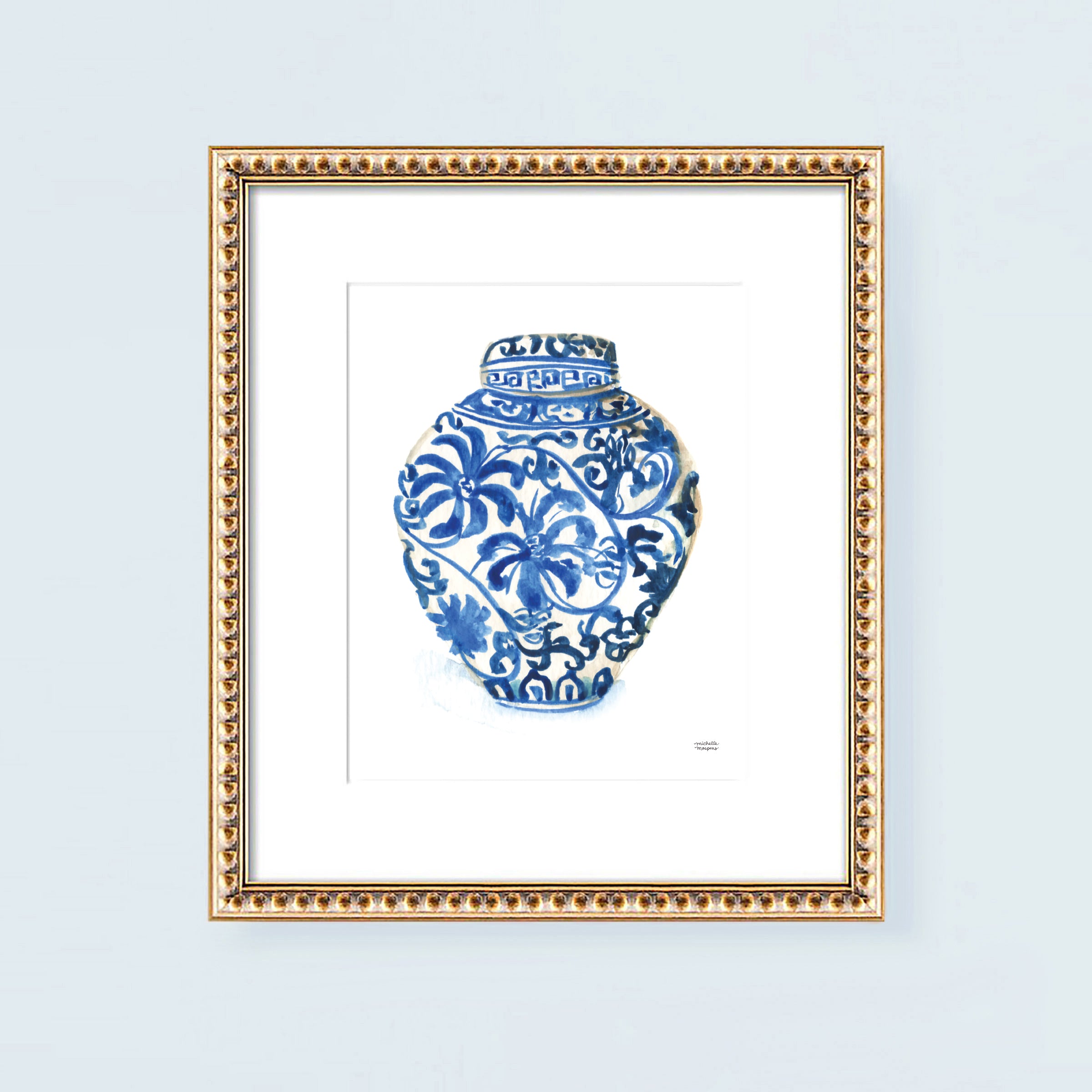 Blue and white vase Ginger Jar No. 3 watercolor painting wall art print by artist Michelle Mospens.