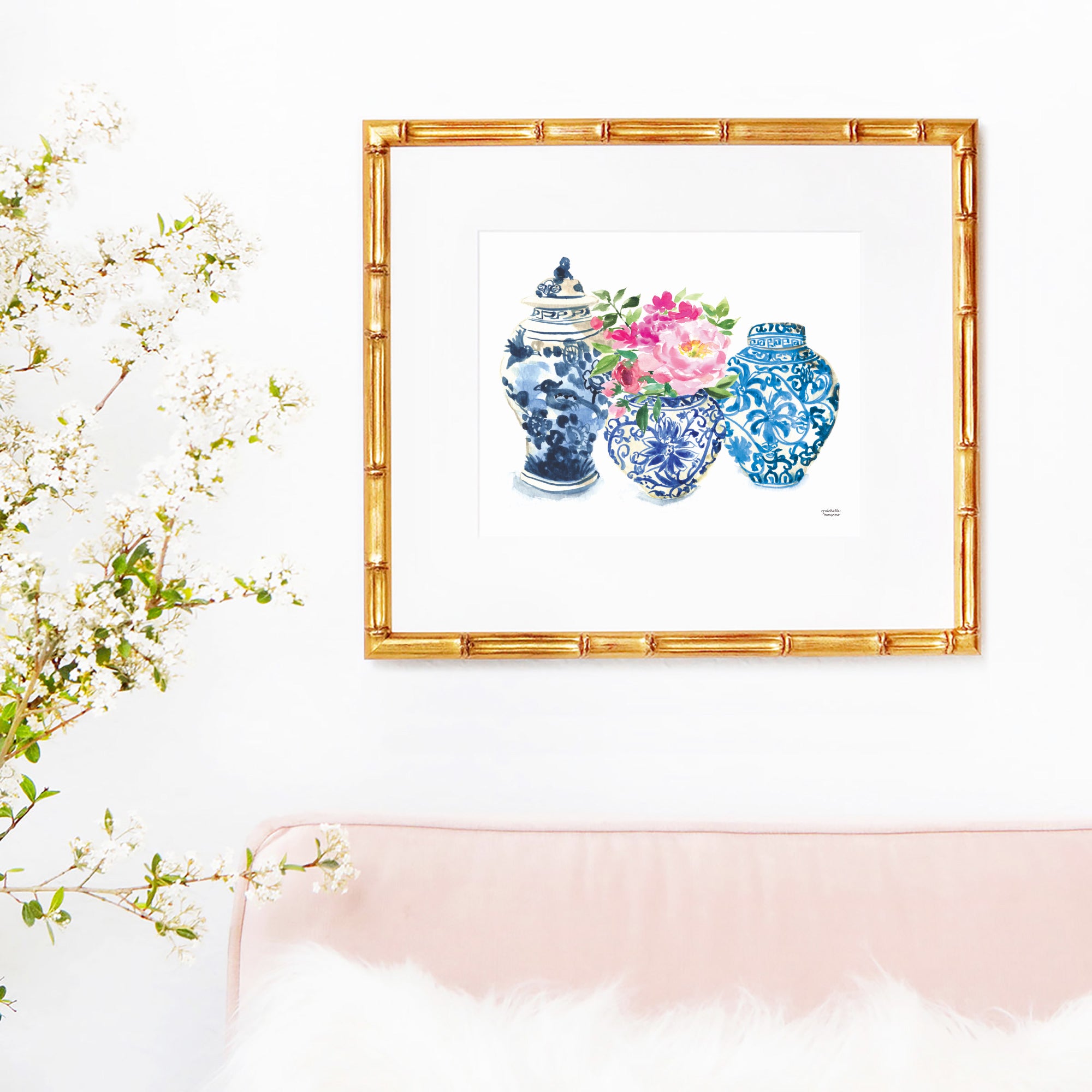 Blue and white ginger jar vases watercolor art print by Michelle Mospens.