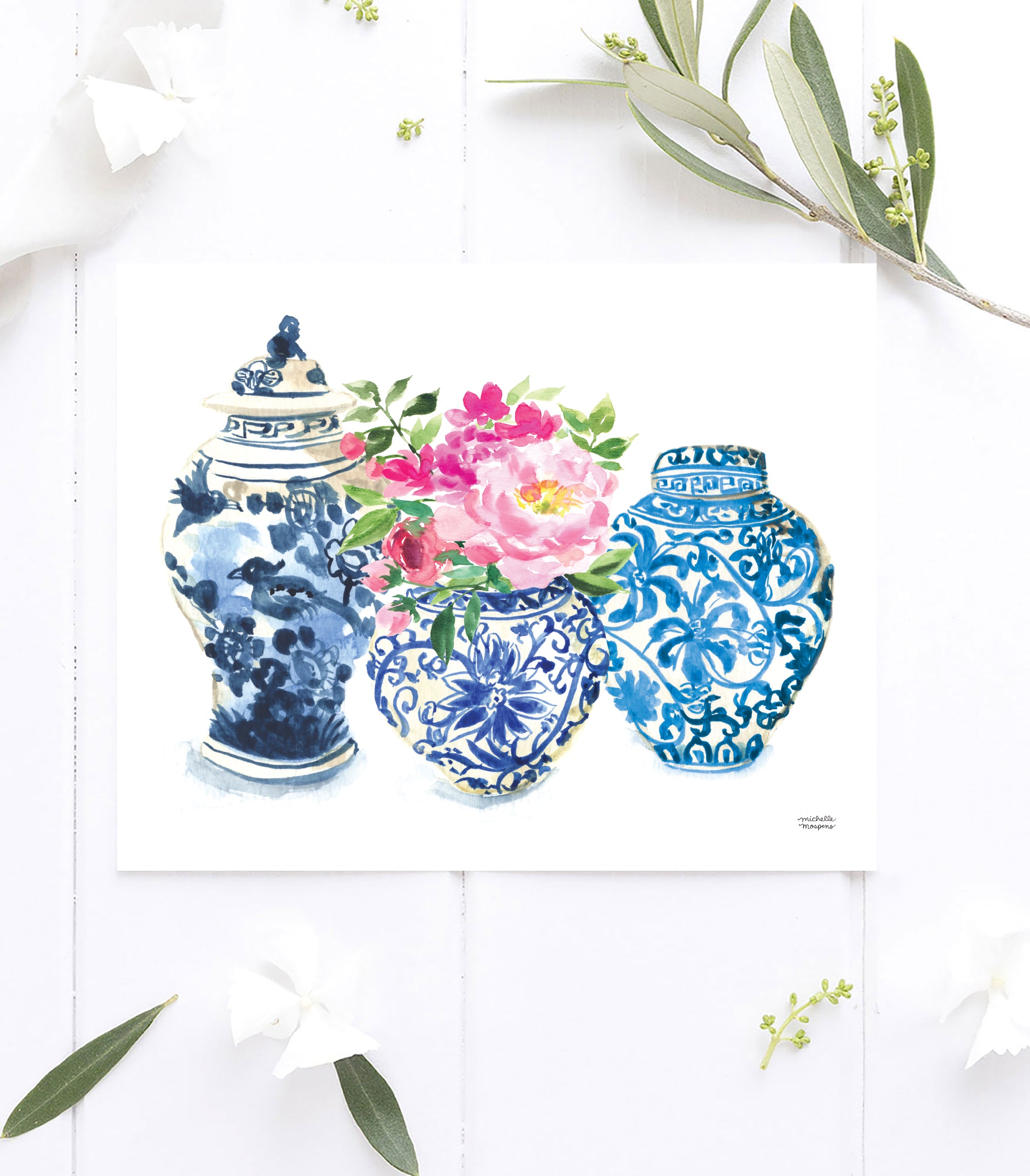 Blue and white ginger jar vases watercolor art print by Michelle Mospens.