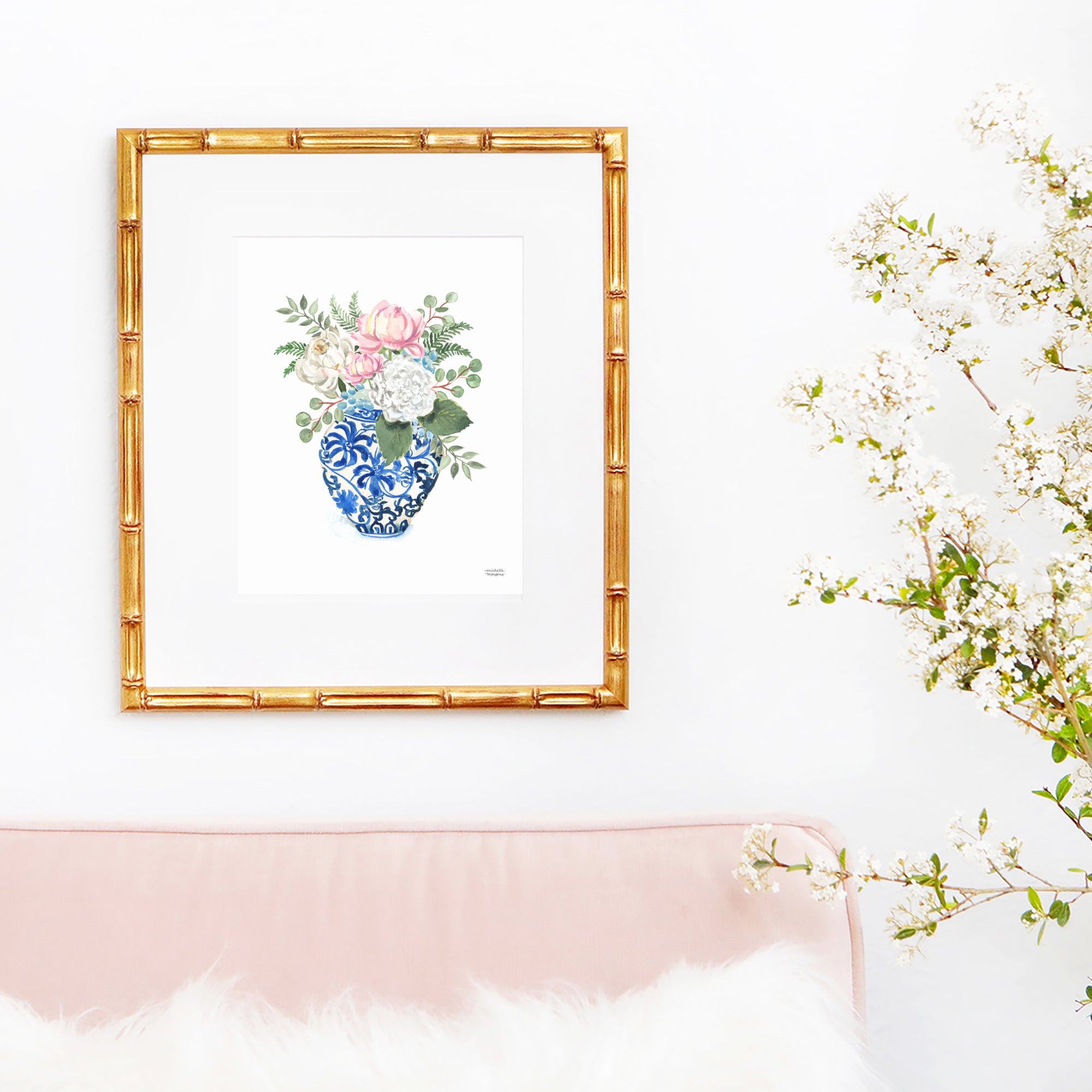 Watercolor ginger jar blue and white vase with flowers by watercolor artist Michelle Mospens.