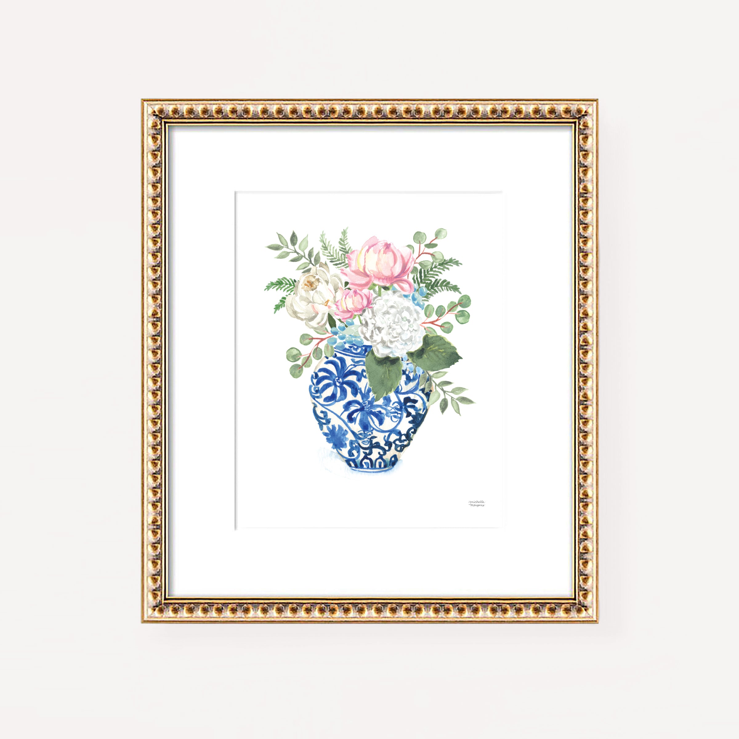 Watercolor Ginger Jar No7 with Flowers Art Print