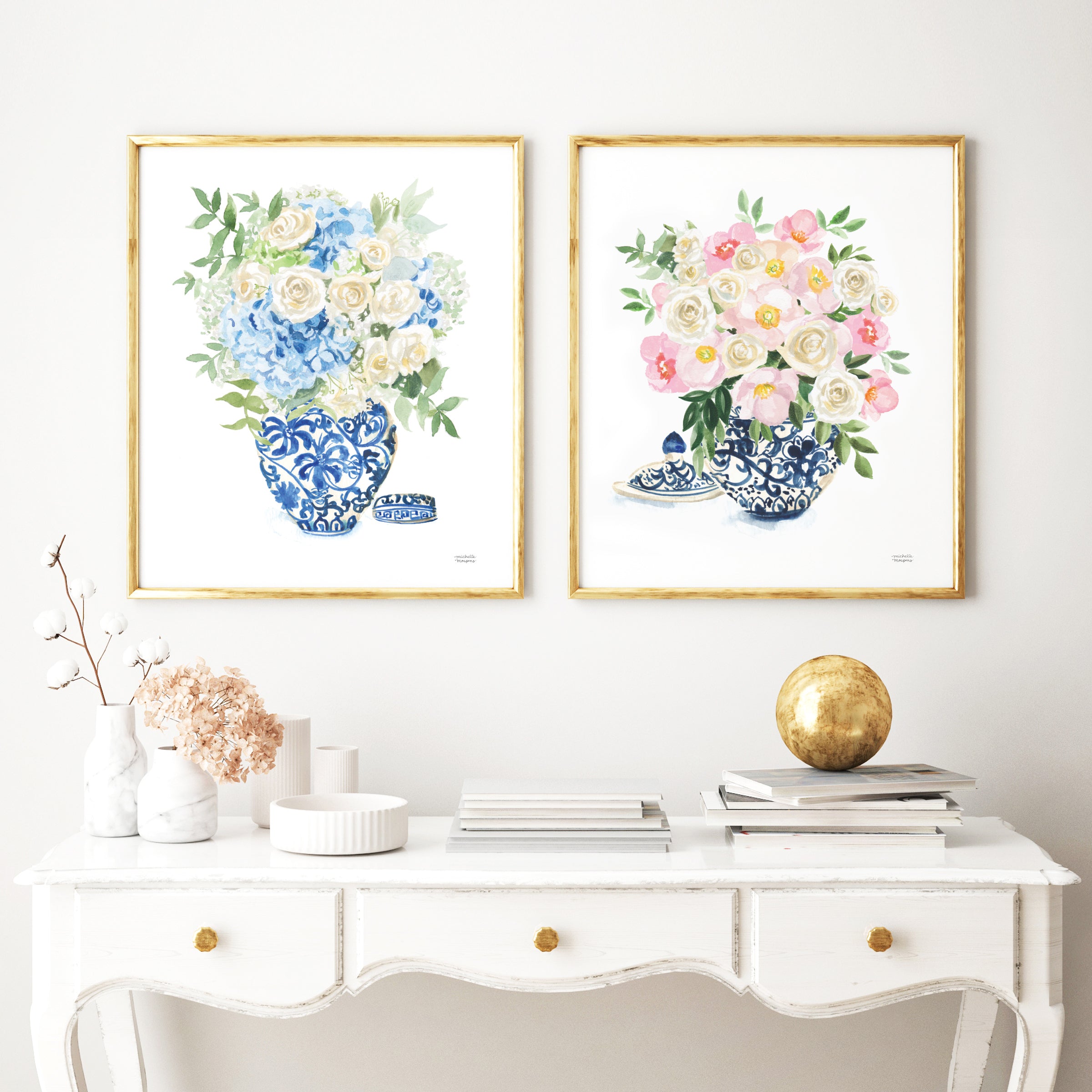 Ginger Jar Bouquets No. 8 and 19 Art Print Watercolor Paintings