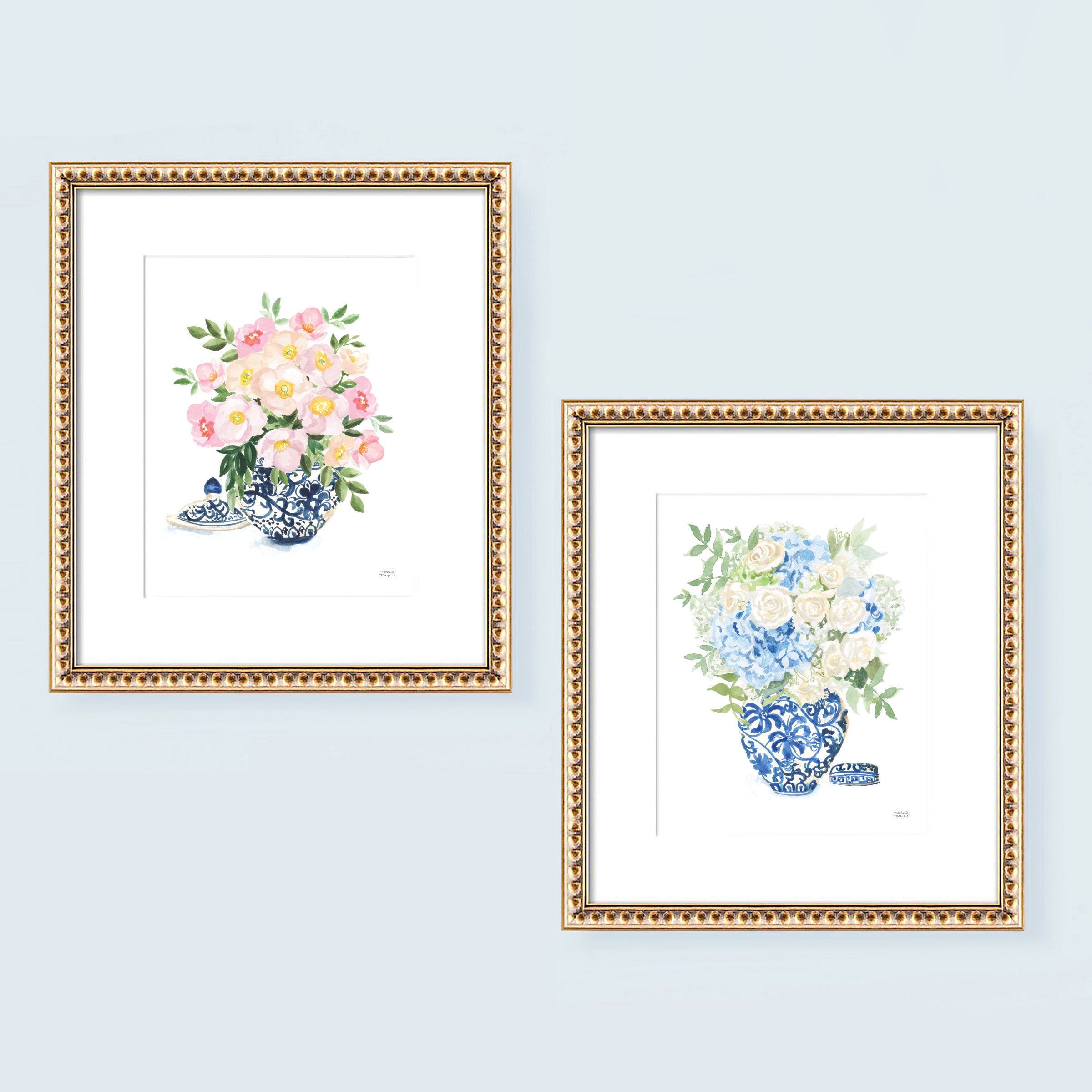 Two paper art prints with pastel flowers in blue and white ginger jars. Watercolor whimsical illustrations perfectly match the traditional Grandmillennial home decor. Unframed ready for you to add to your own matt and or frame you have at home.