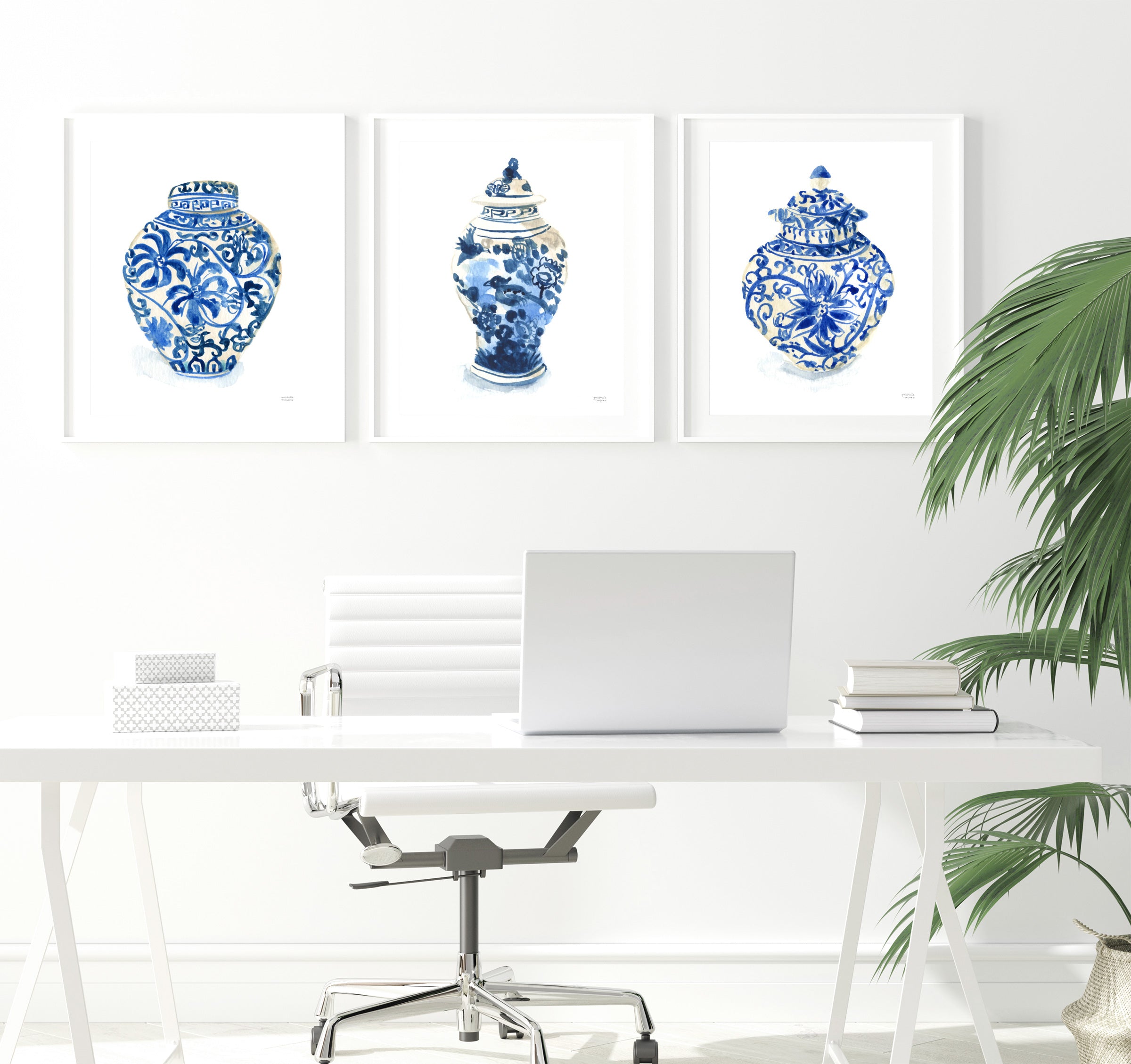 Ginger Jars Trio Watercolor Extra Large Wall Art Prints Set of 3 by Michelle Mospens