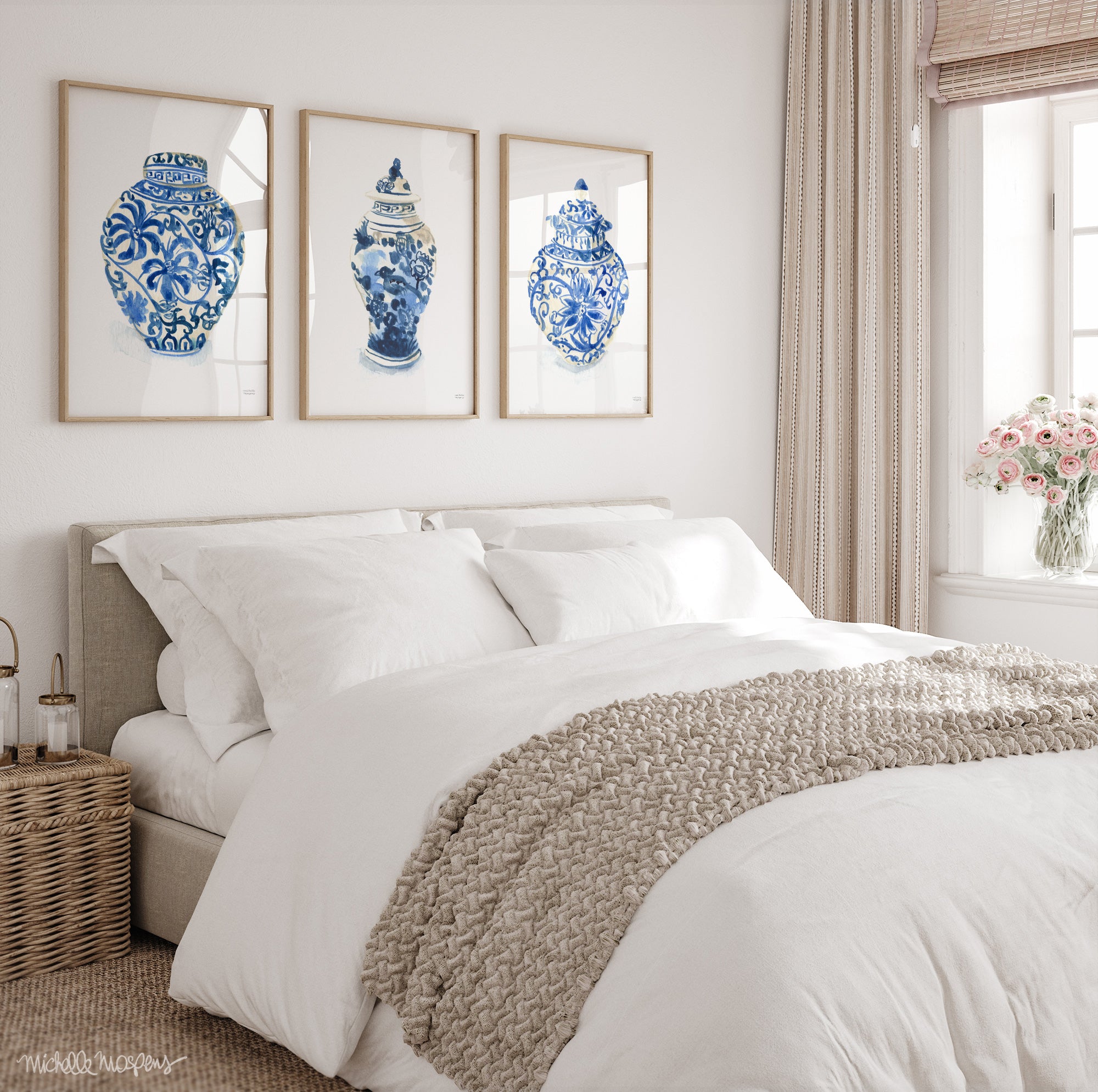 Ginger Jars Trio Watercolor Extra Large Wall Art Prints Set of 3 by Michelle Mospens