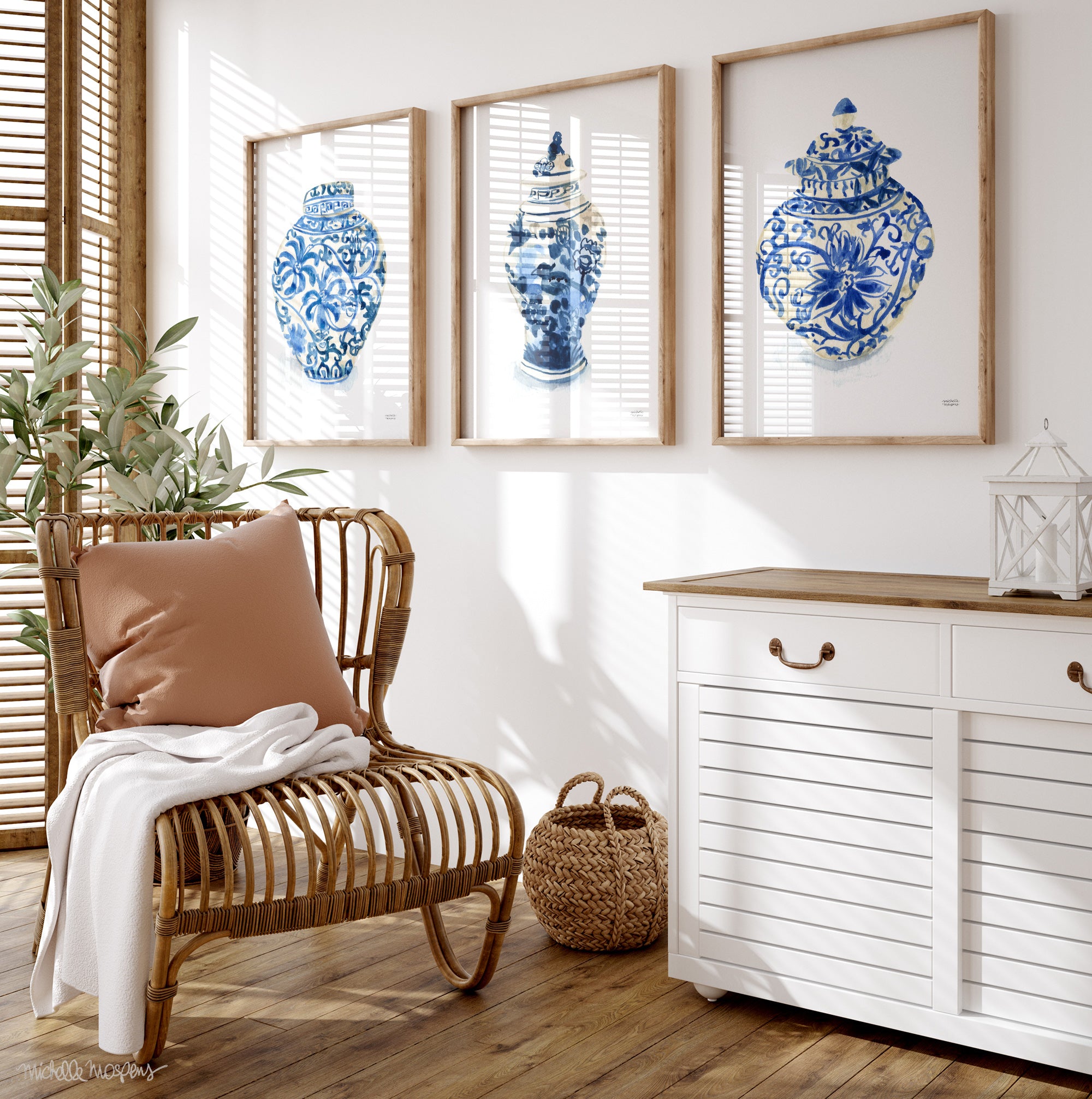 Ginger Jars Trio Watercolor Extra Large Wall Art Prints Set of 3 by Michelle Mospens