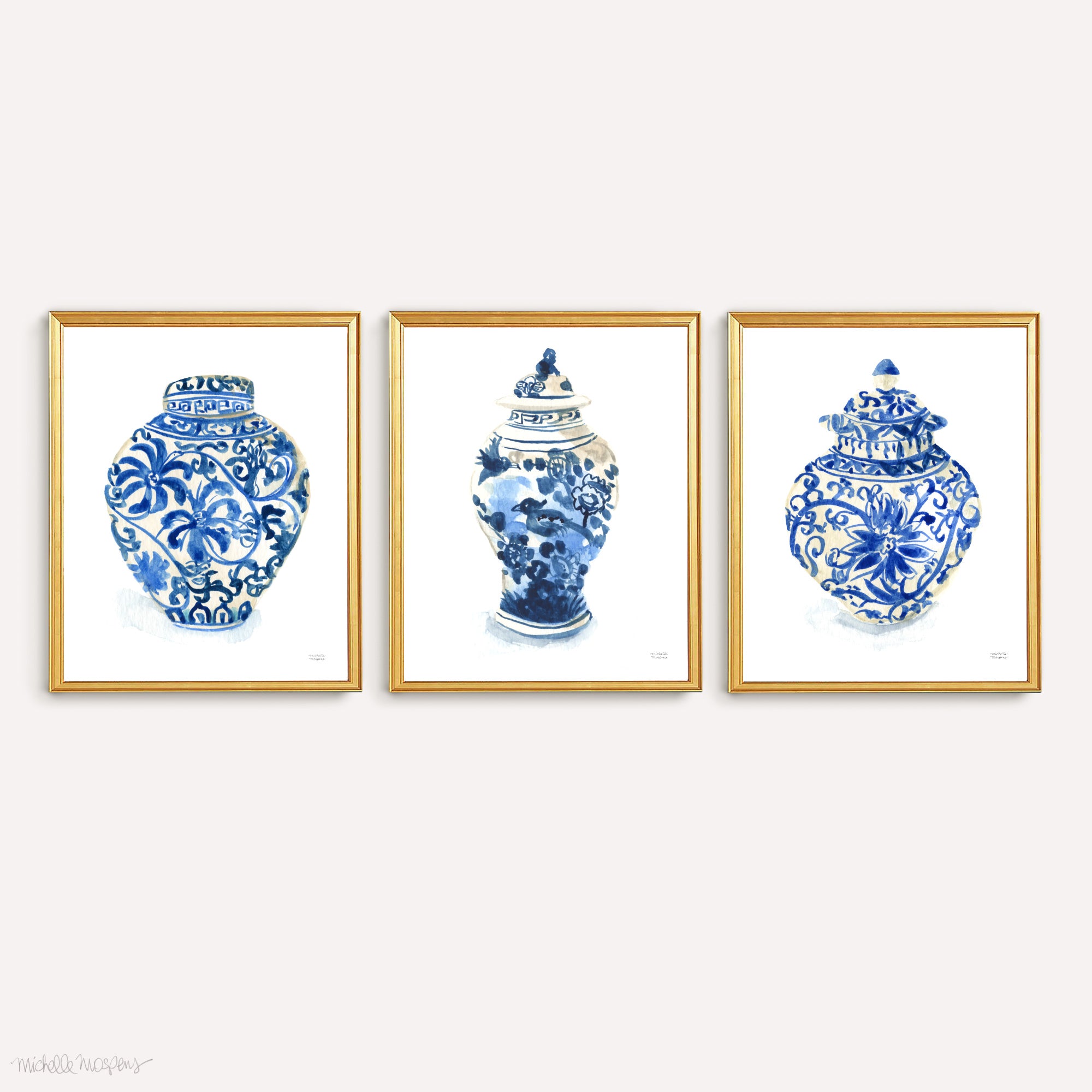 Ginger Jars Trio Watercolor Extra Large Wall Art Prints Set of 3 by Michelle Mospens
