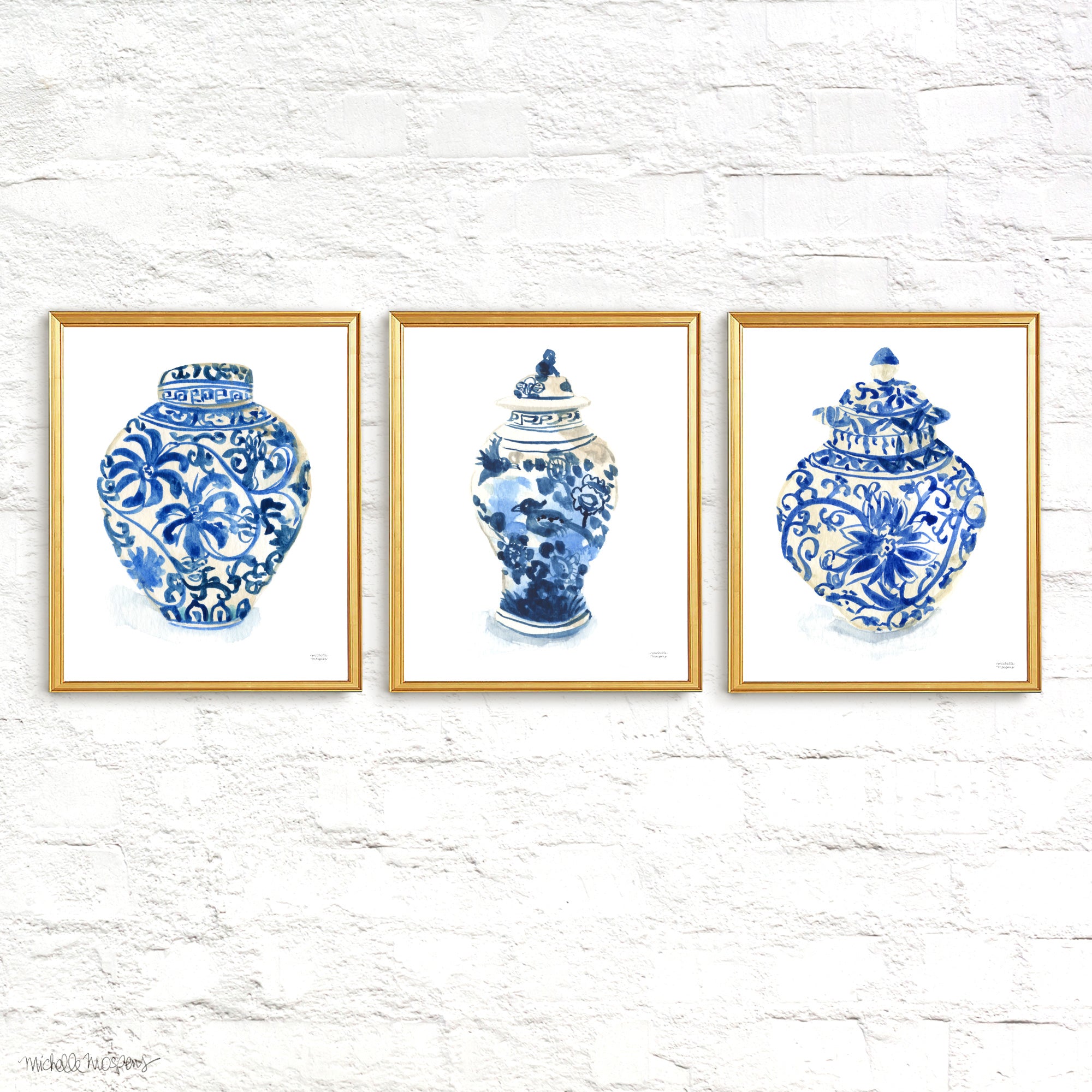 Ginger Jars Trio Watercolor Extra Large Wall Art Prints Set of 3 by Michelle Mospens