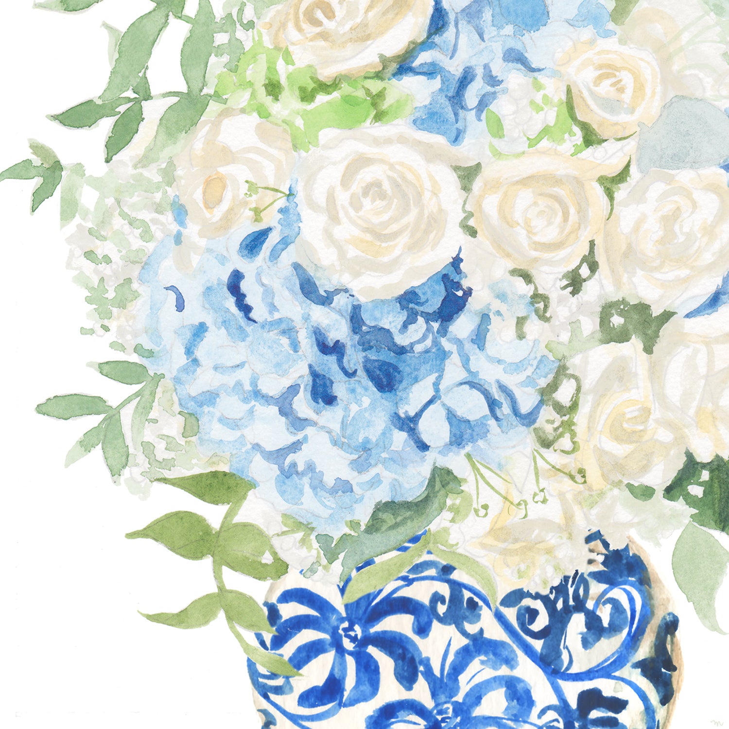 Two paper art prints with pastel flowers in blue and white ginger jars. Watercolor whimsical illustrations perfectly match the traditional Grandmillennial home decor. Unframed ready for you to add to your own matt and or frame you have at home.