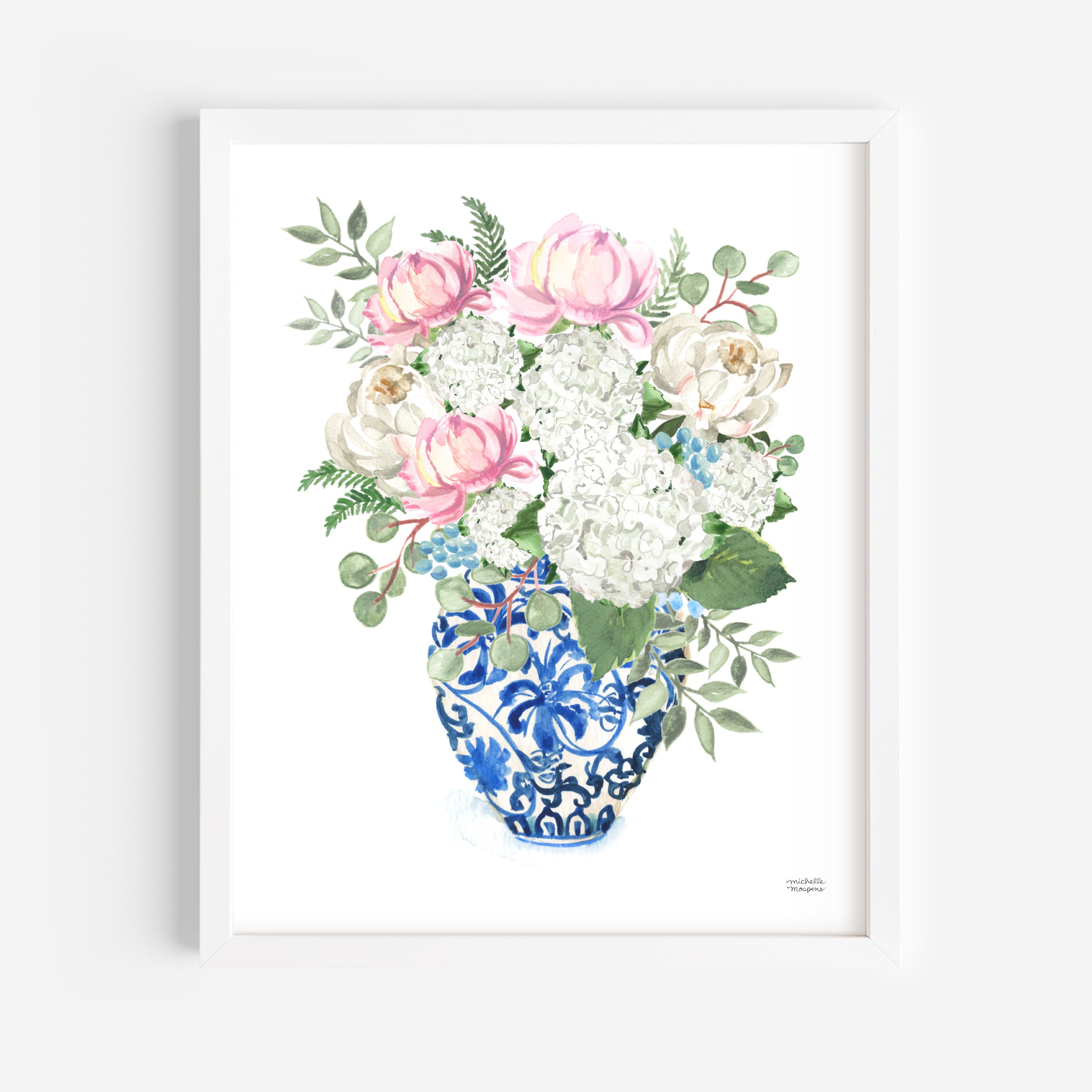 Chinoiserie Ginger Jar Bouquet No20 Watercolor Art Print