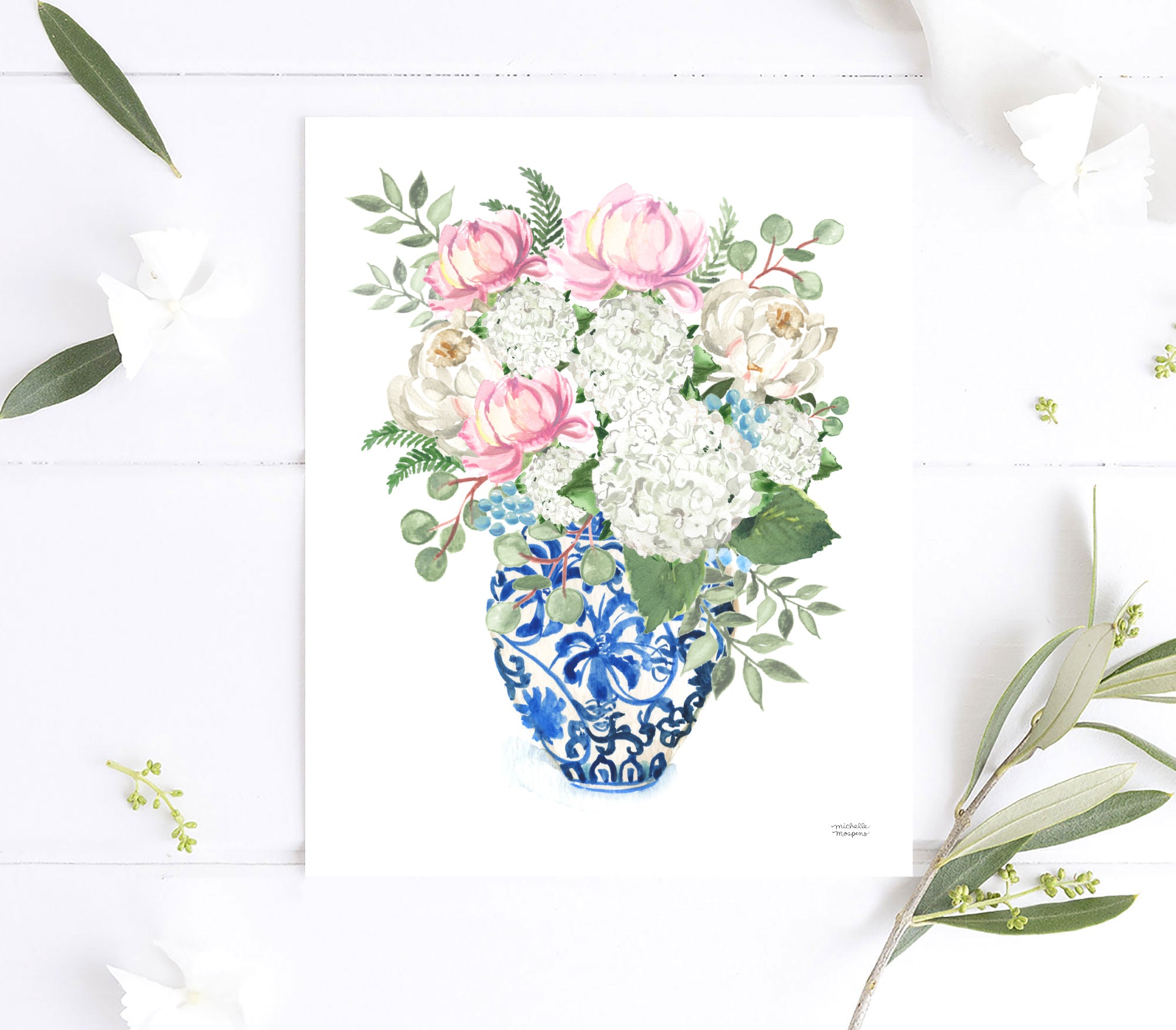 Chinoiserie Ginger Jar Bouquet No20 Watercolor Art Print