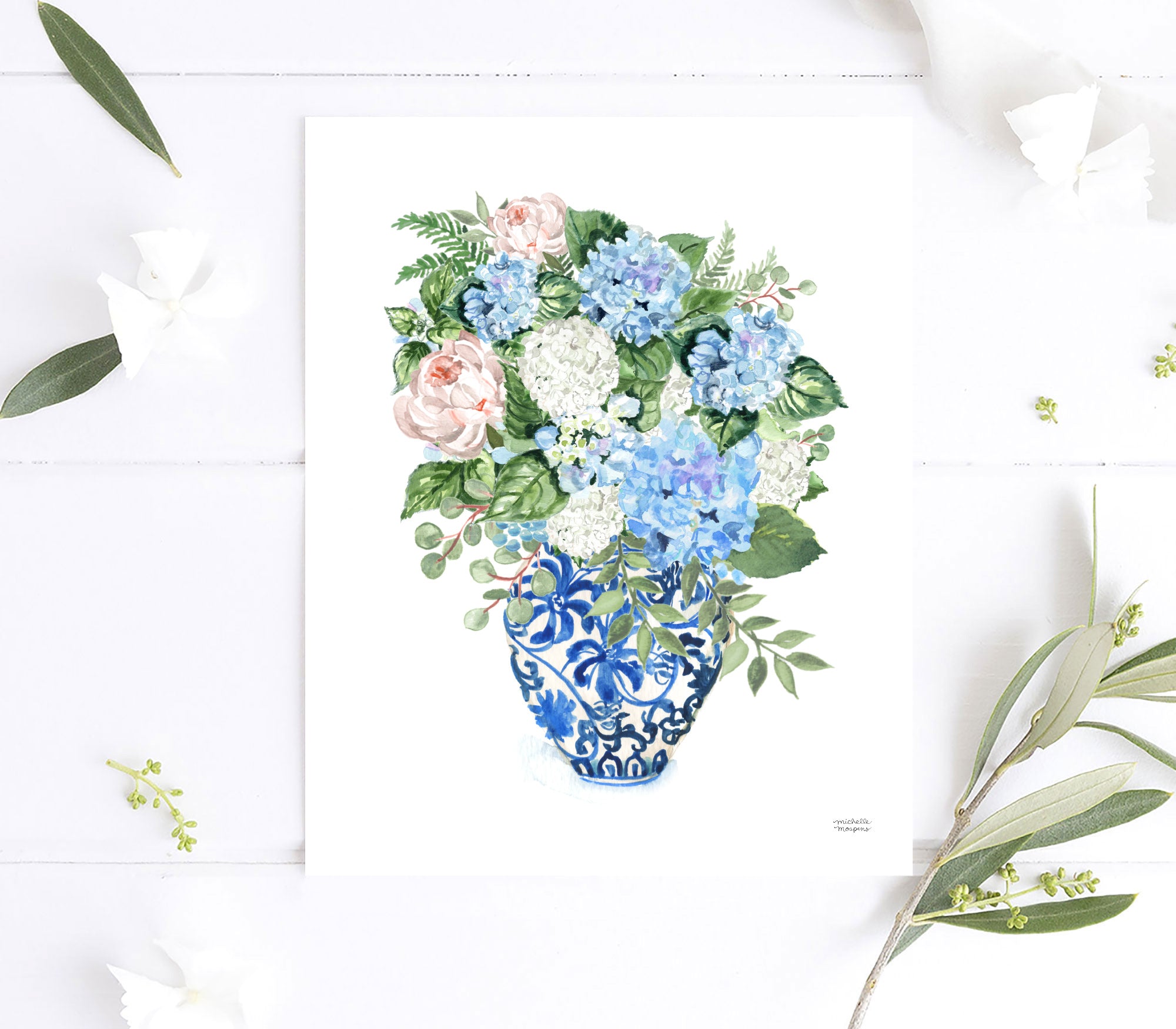 Chinoiserie Ginger Jar Bouquet No21 Watercolor Art Print