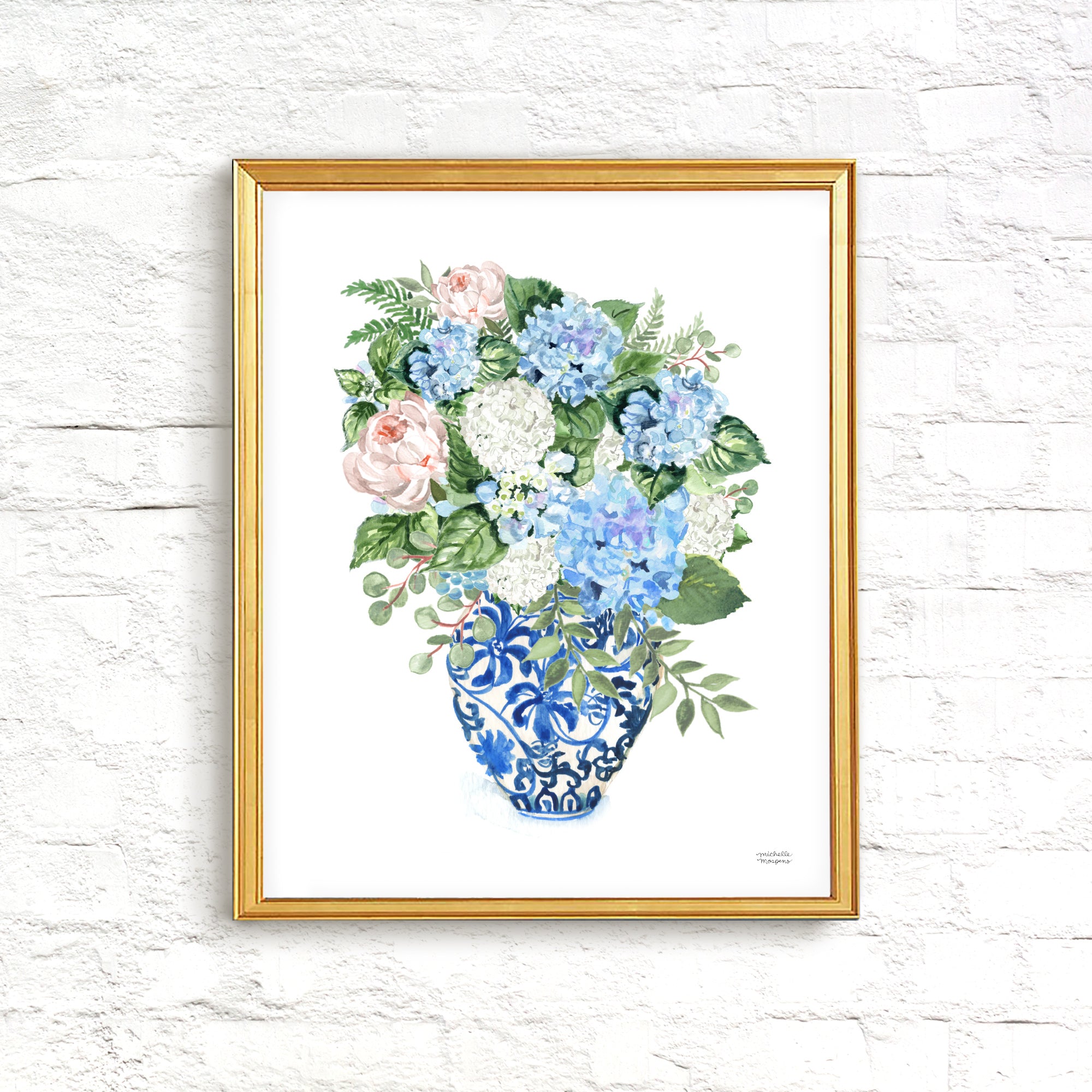 Chinoiserie Ginger Jar Bouquet No21 Watercolor Art Print