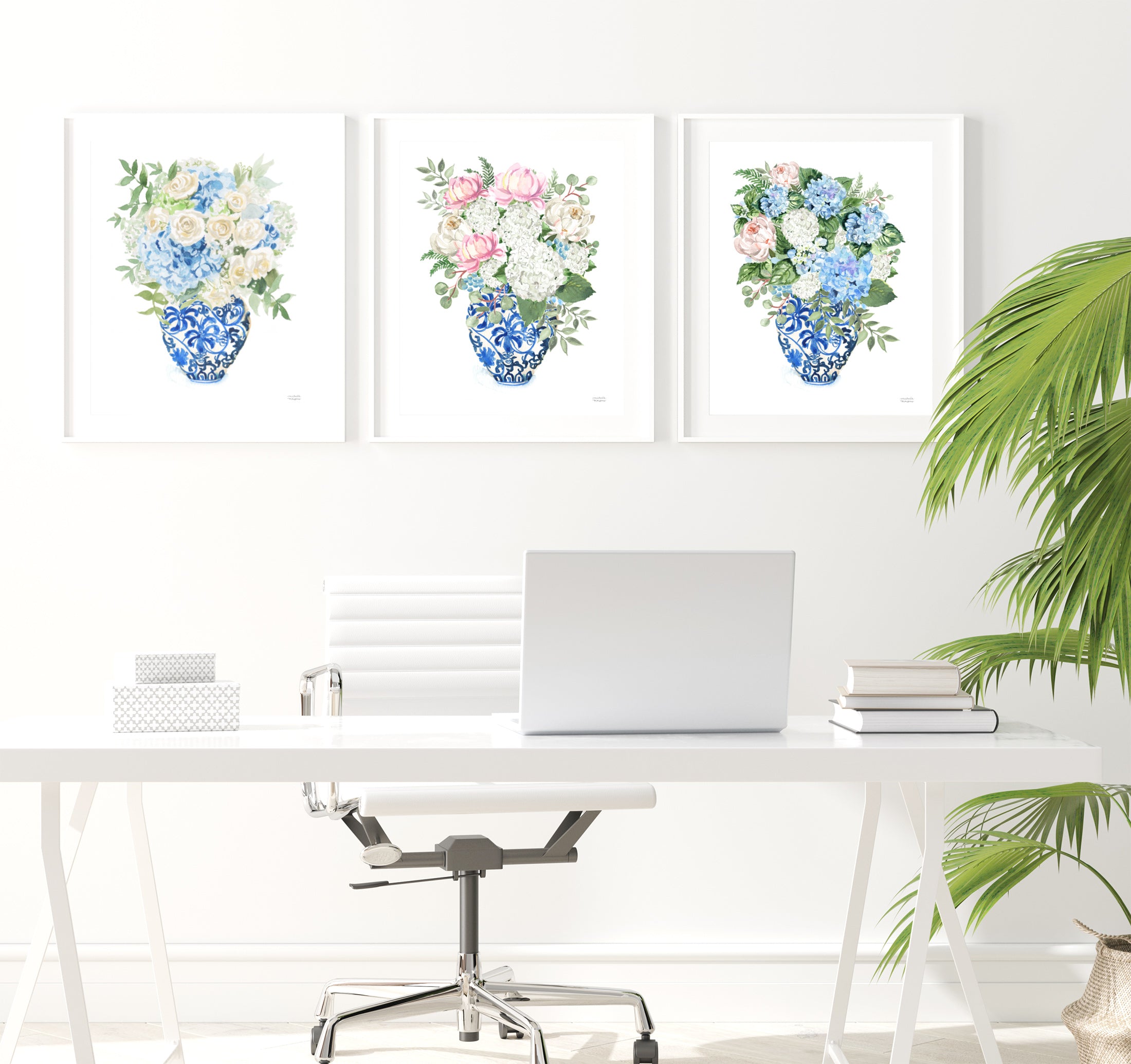 Chinoiserie Bedroom Wall Art, Floral Hydrangea Bedroom Decor, Ginger Jar Botanical Print