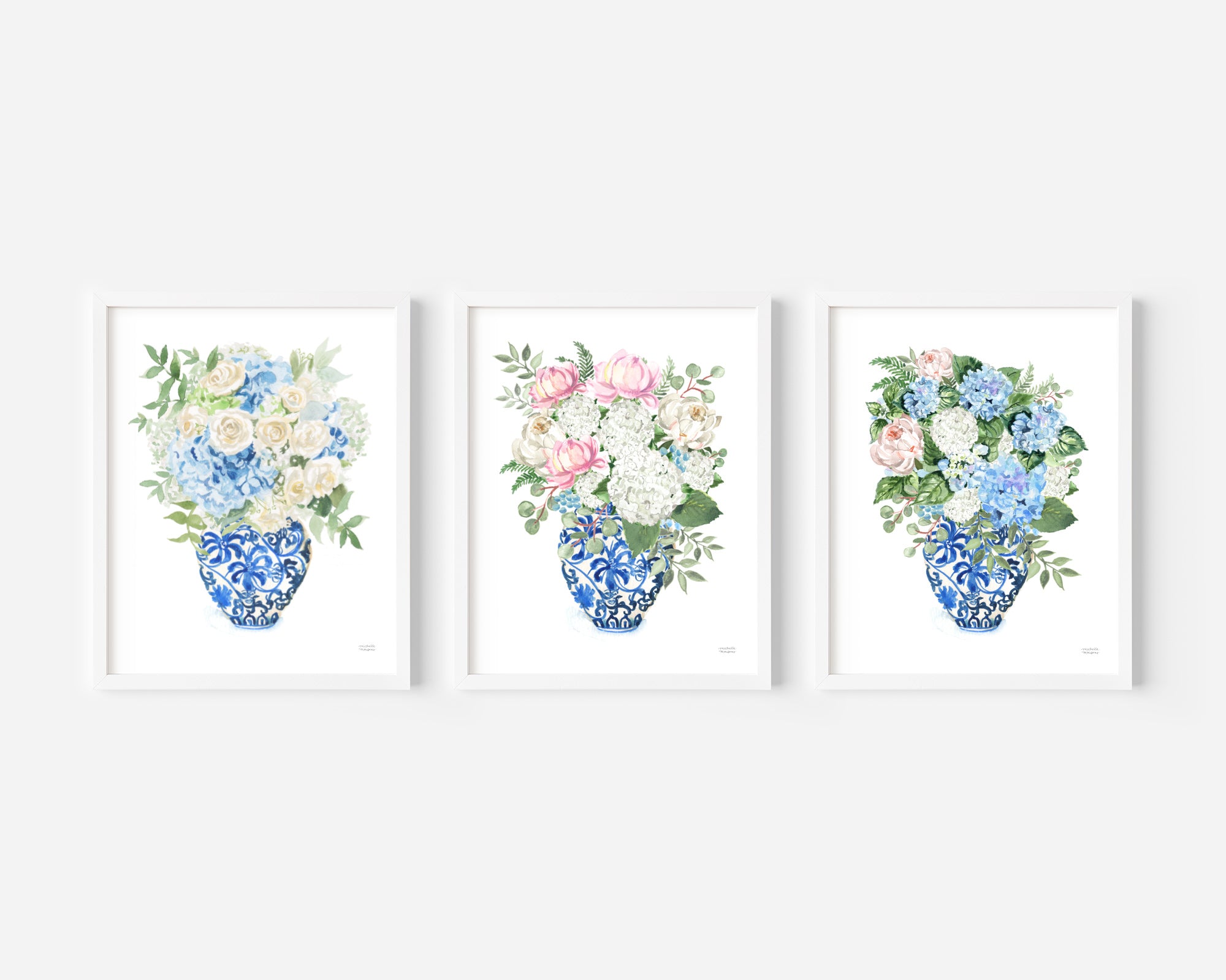 Chinoiserie Bedroom Wall Art, Floral Hydrangea Bedroom Decor, Ginger Jar Botanical Print