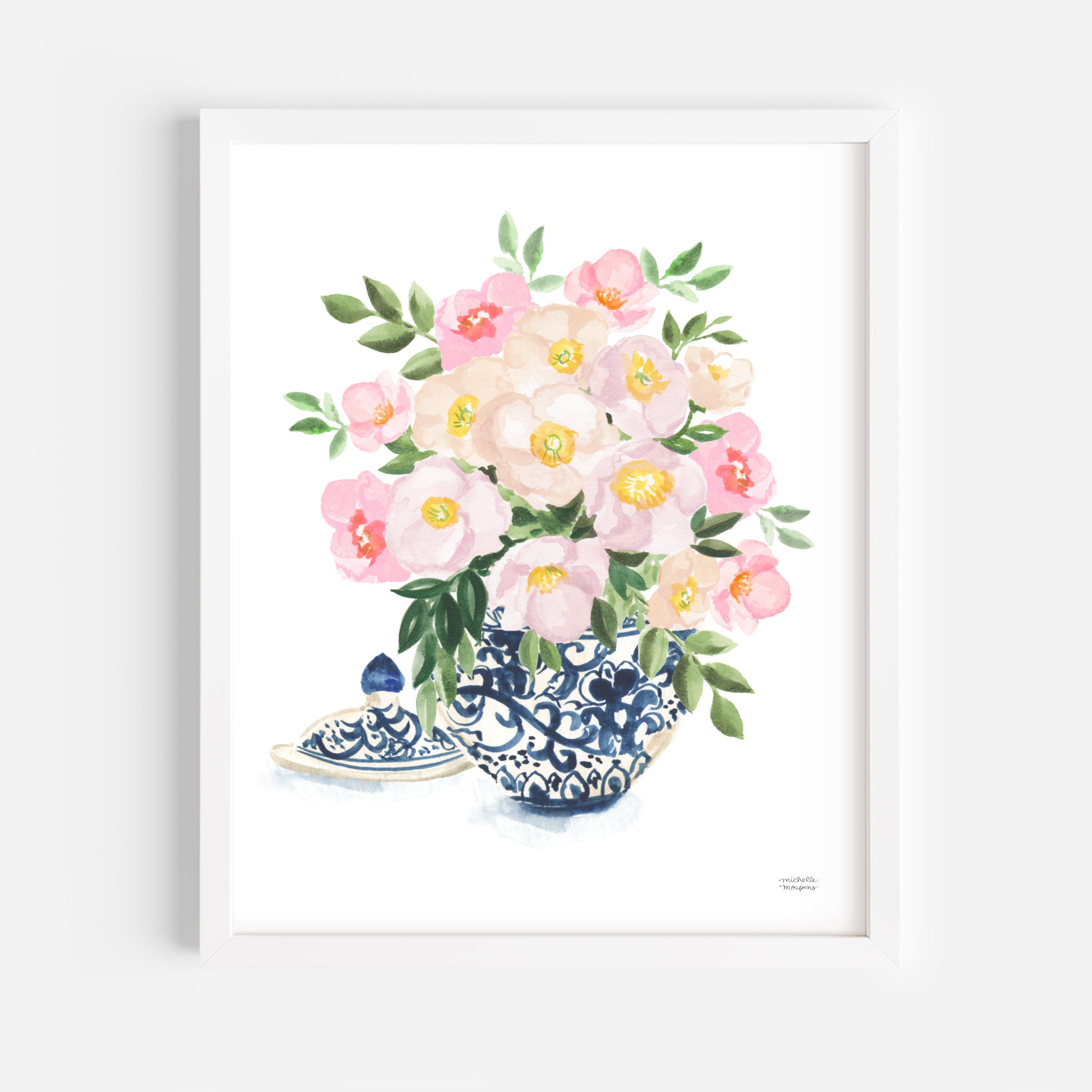 Watercolor Ginger Jar No8 with Flowers Art Print