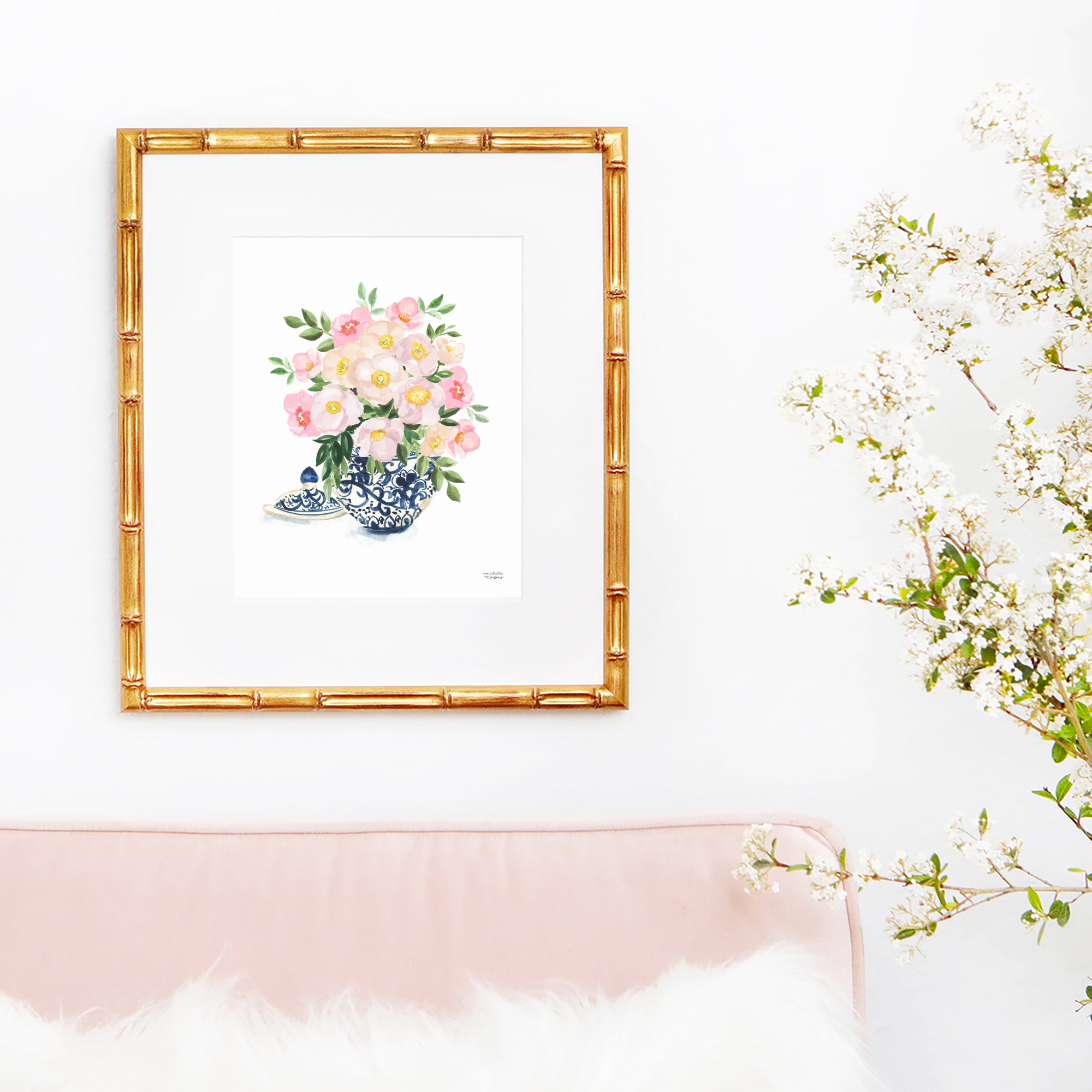 Watercolor ginger jar blue and white vase with flowers by watercolor artist Michelle Mospens.