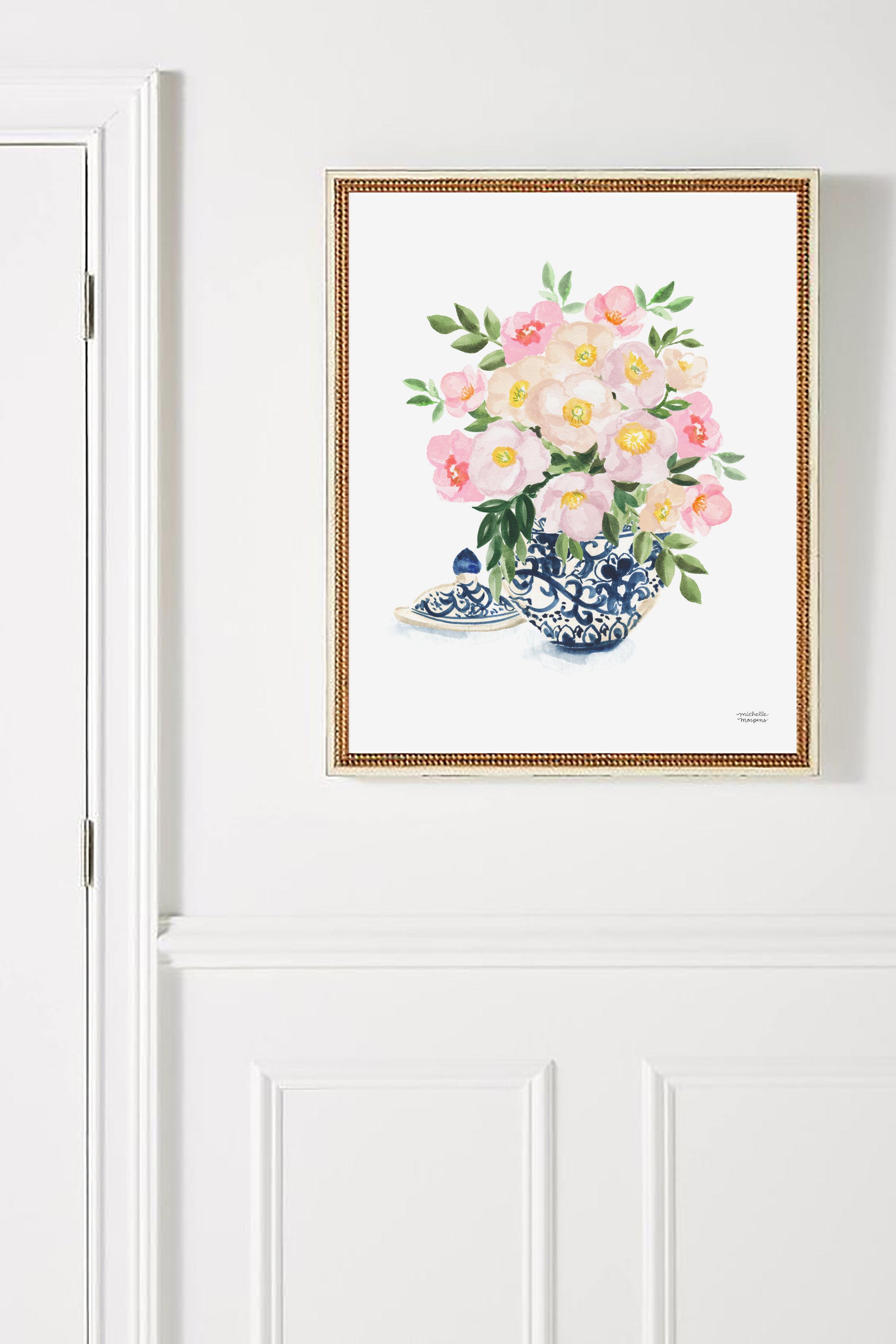 Watercolor ginger jar blue and white vase with flowers by watercolor artist Michelle Mospens.