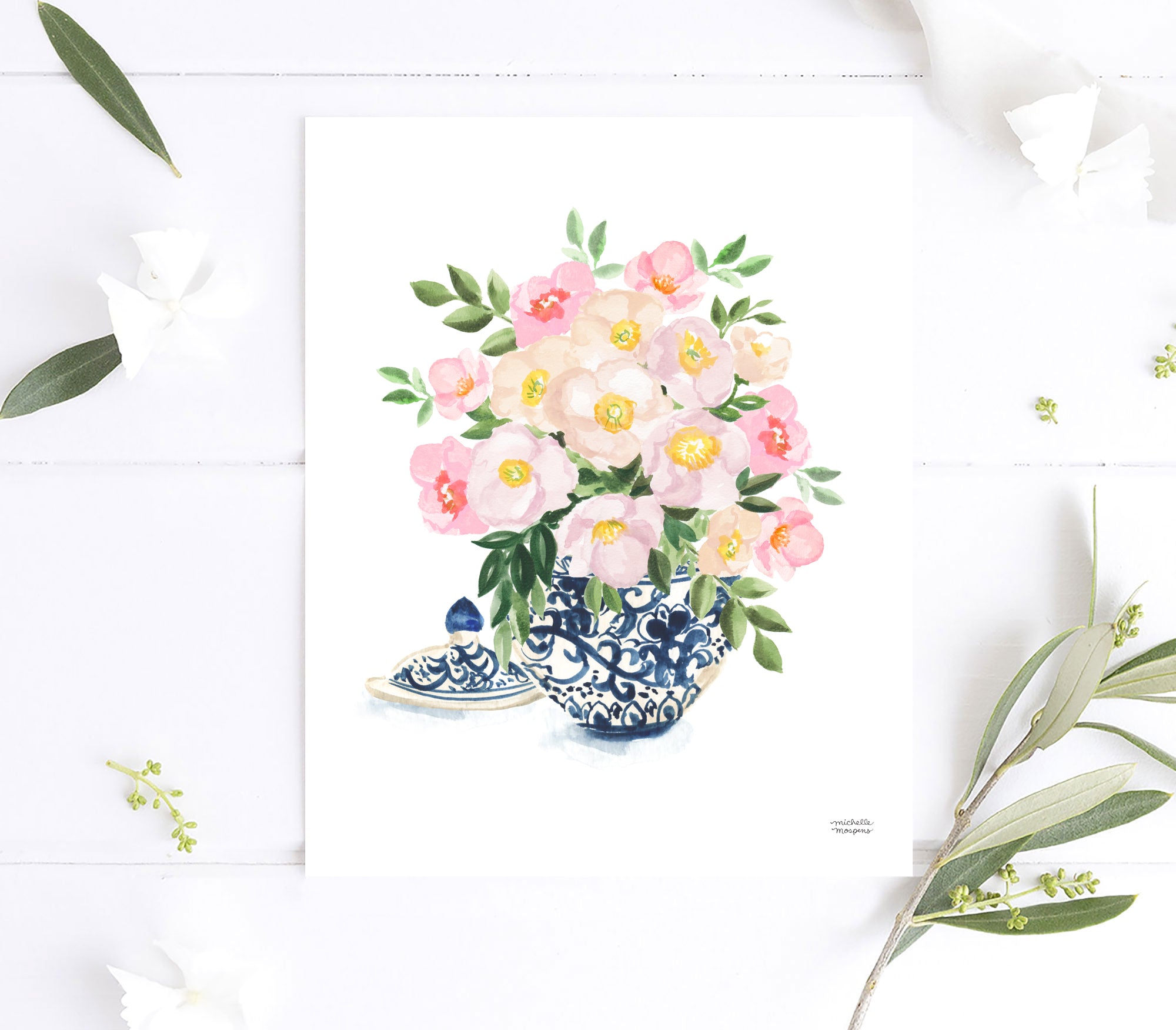 Watercolor ginger jar blue and white vase with flowers by watercolor artist Michelle Mospens.