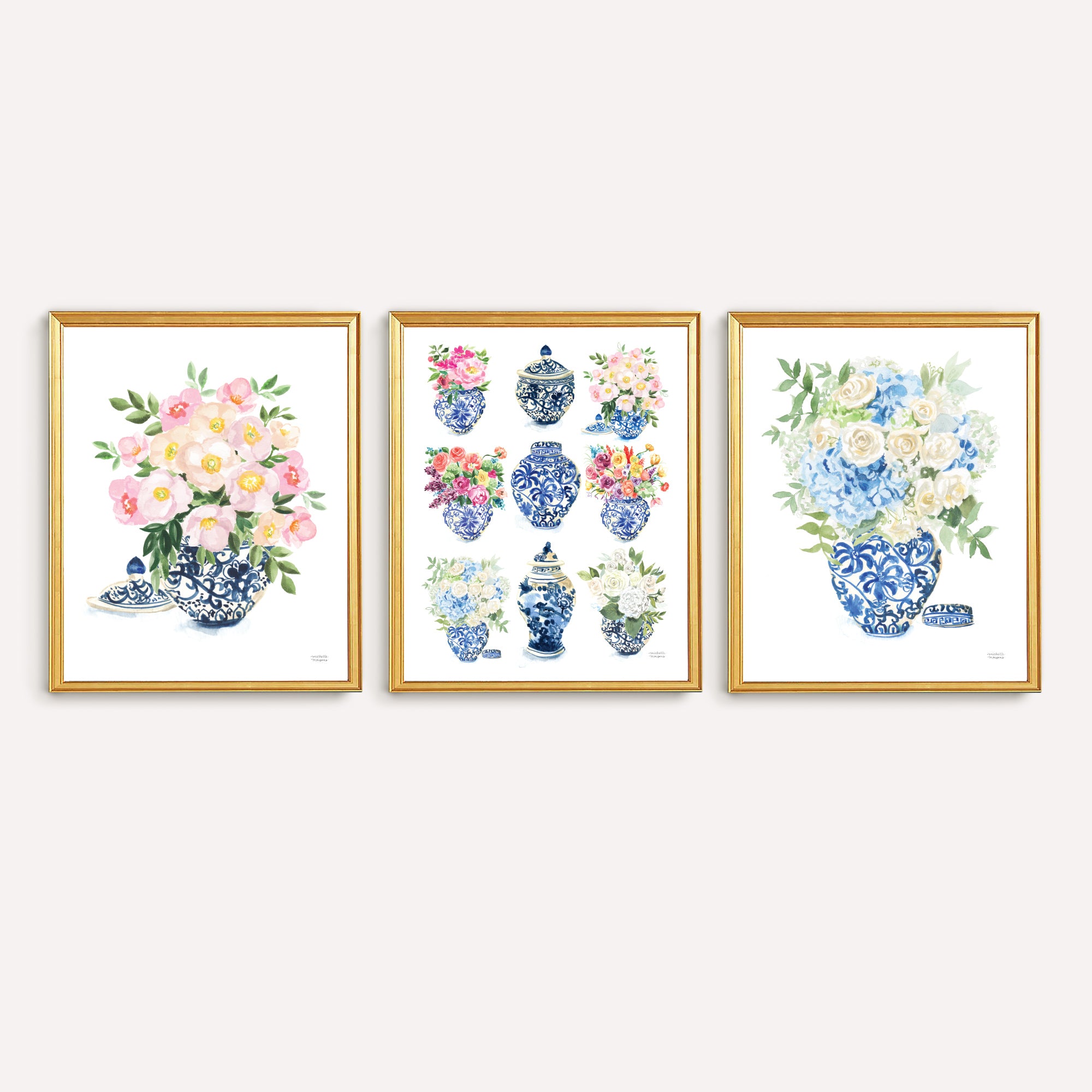 Three paper art prints with flowers in blue and white ginger jars. Watercolor whimsical illustrations perfectly match the traditional Grandmillennial home decor. Unframed ready for you to add to your own matt and or frame you have at home.