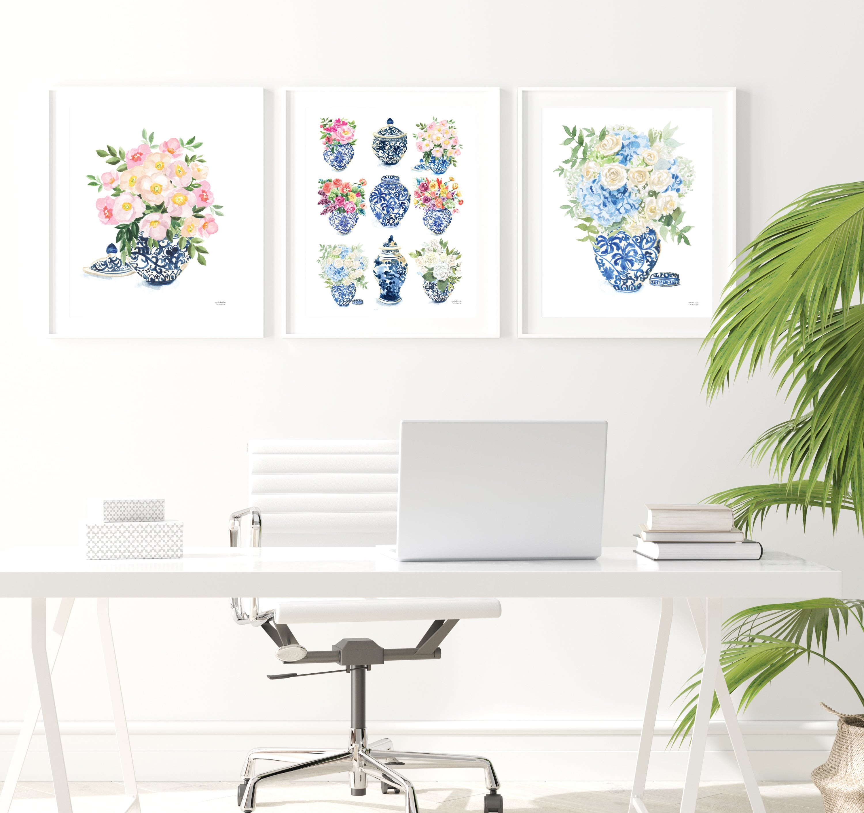 Three paper art prints with flowers in blue and white ginger jars. Watercolor whimsical illustrations perfectly match the traditional Grandmillennial home decor. Unframed ready for you to add to your own matt and or frame you have at home.