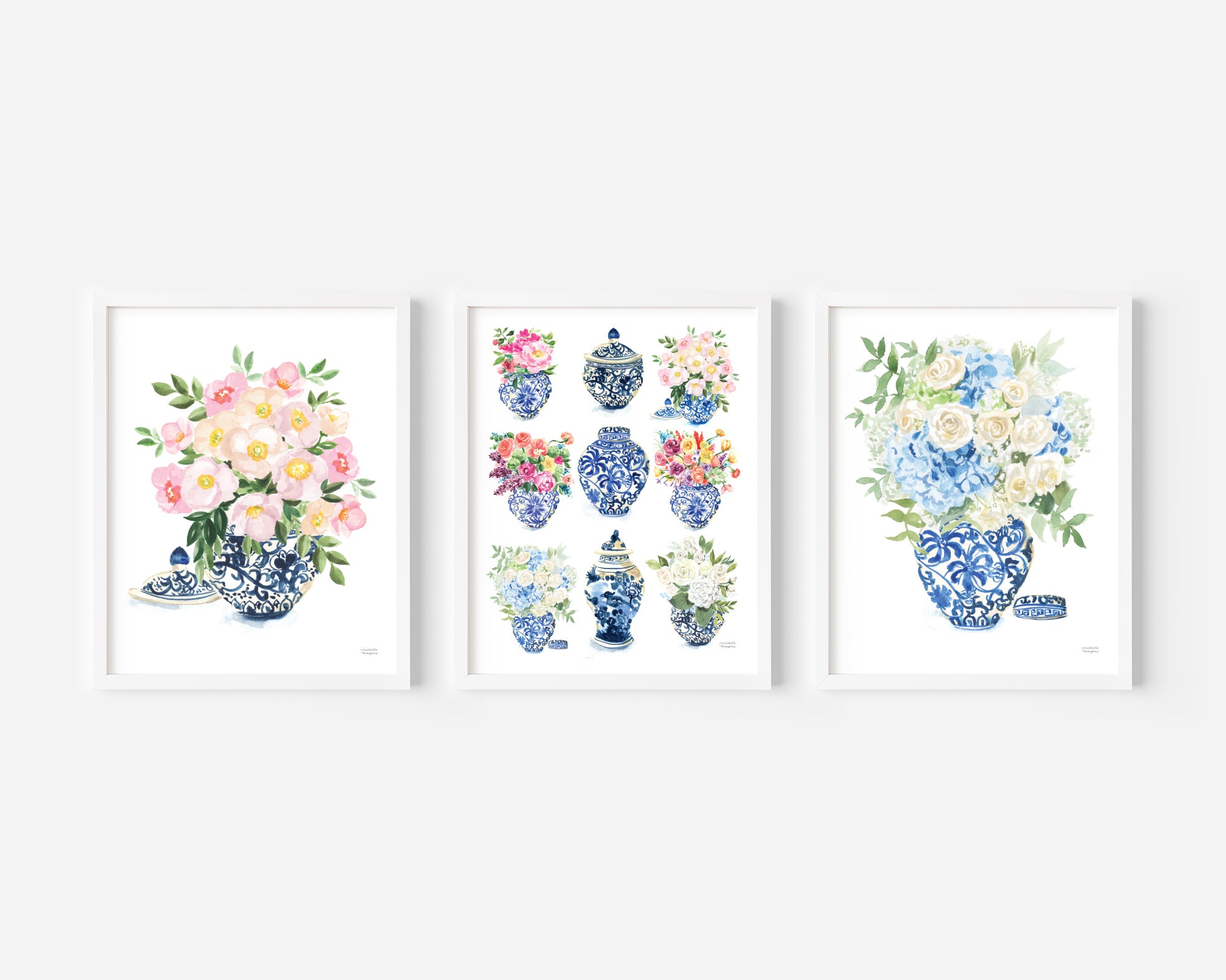 Three paper art prints with flowers in blue and white ginger jars. Watercolor whimsical illustrations perfectly match the traditional Grandmillennial home decor. Unframed ready for you to add to your own matt and or frame you have at home.
