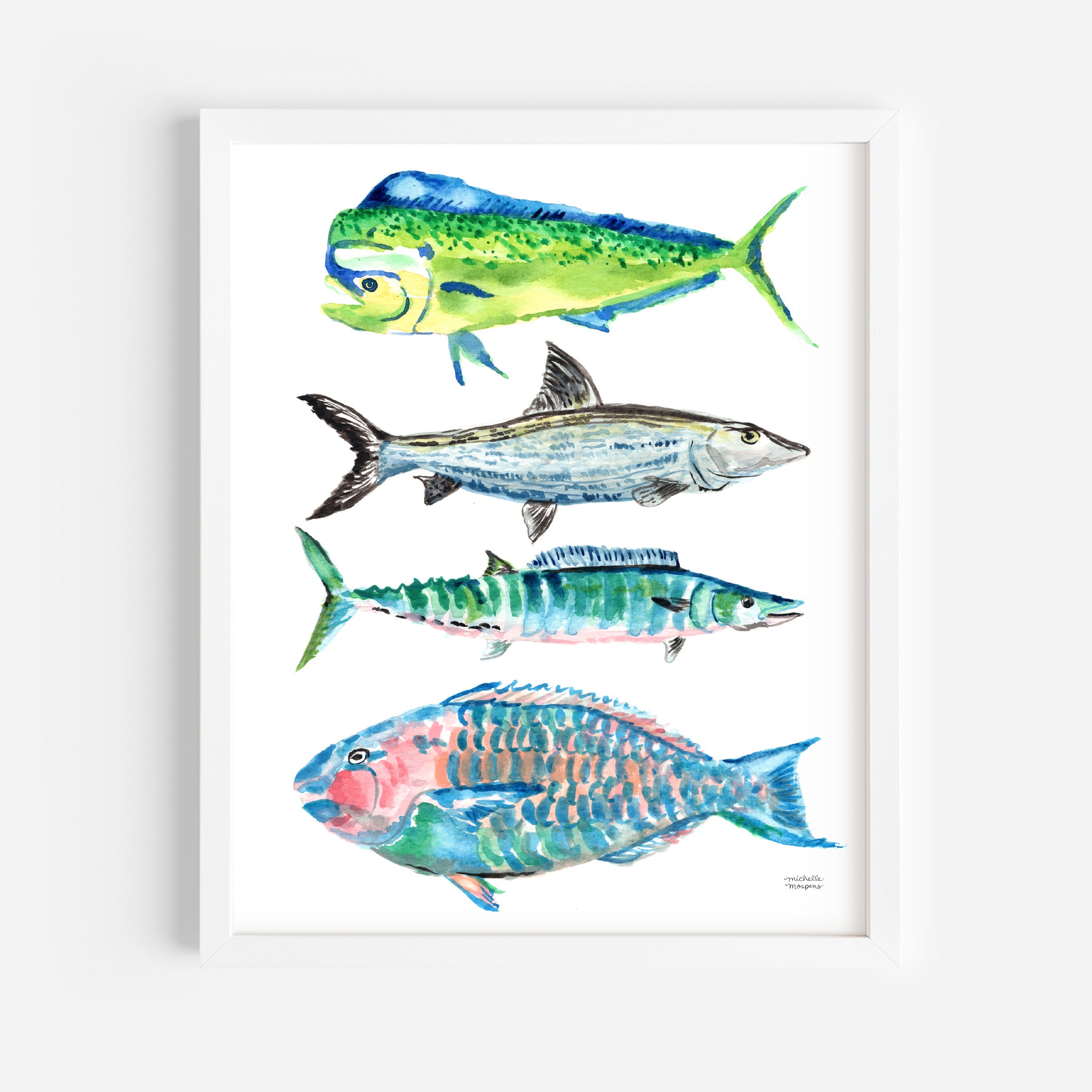 Tropical Ocean Fish Wall Art Print Saltwater Fish Watercolor Bonefish Parrot Mahi Mahi Wahoo Fish - Michelle Mospens