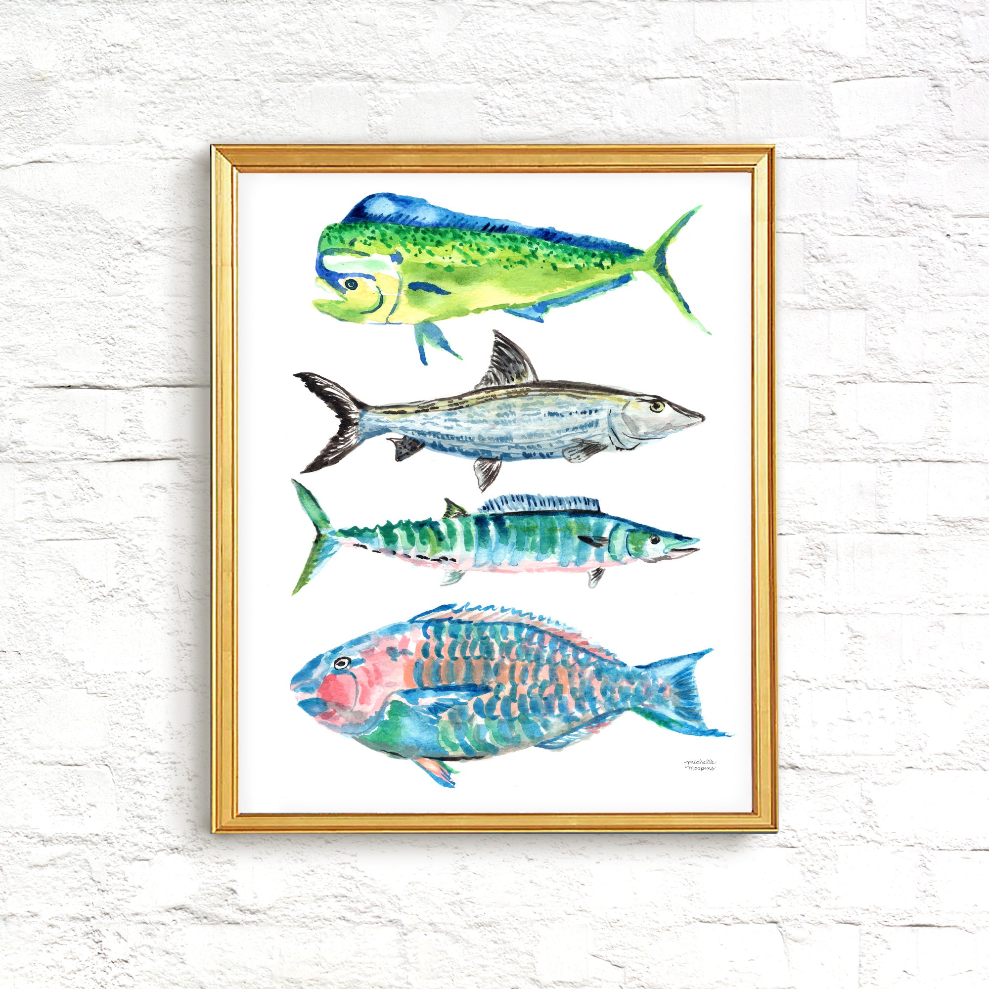 Tropical Ocean Fish Wall Art Print Saltwater Fish Watercolor Bonefish Parrot Mahi Mahi Wahoo Fish - Michelle Mospens