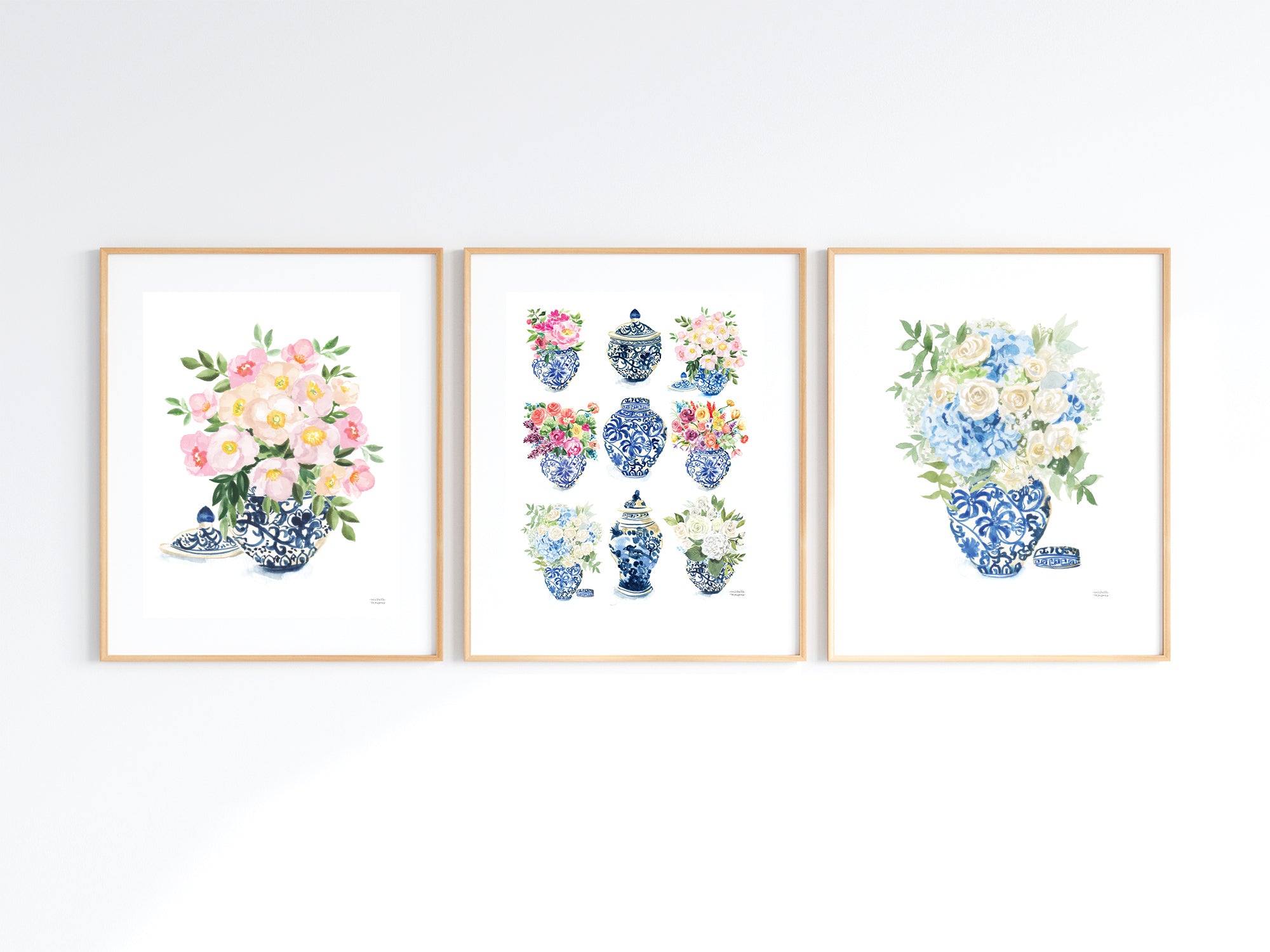 Three paper art prints with flowers in blue and white ginger jars. Watercolor whimsical illustrations perfectly match the traditional Grandmillennial home decor. Unframed ready for you to add to your own matt and or frame you have at home.