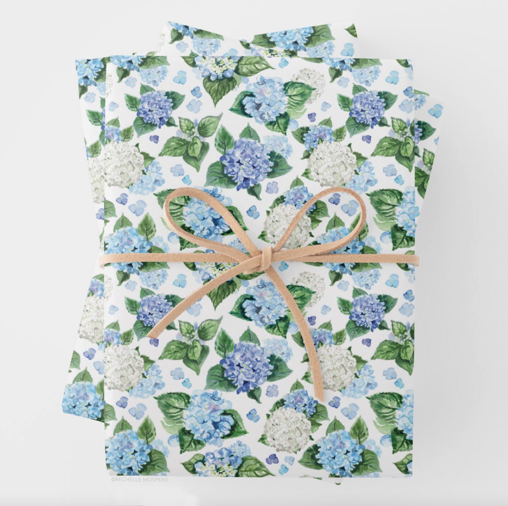 Blue and white hydrangea blooms gift wrapping paper by Michelle Mospens