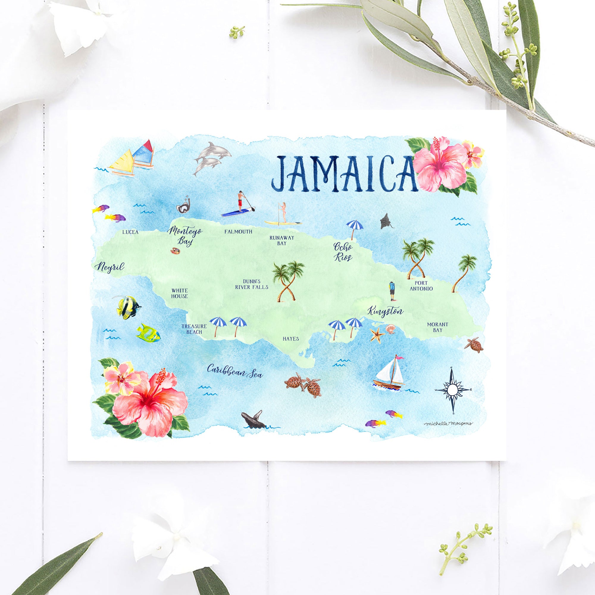 Jamaica Map Watercolor Art Print by Michelle Mospens