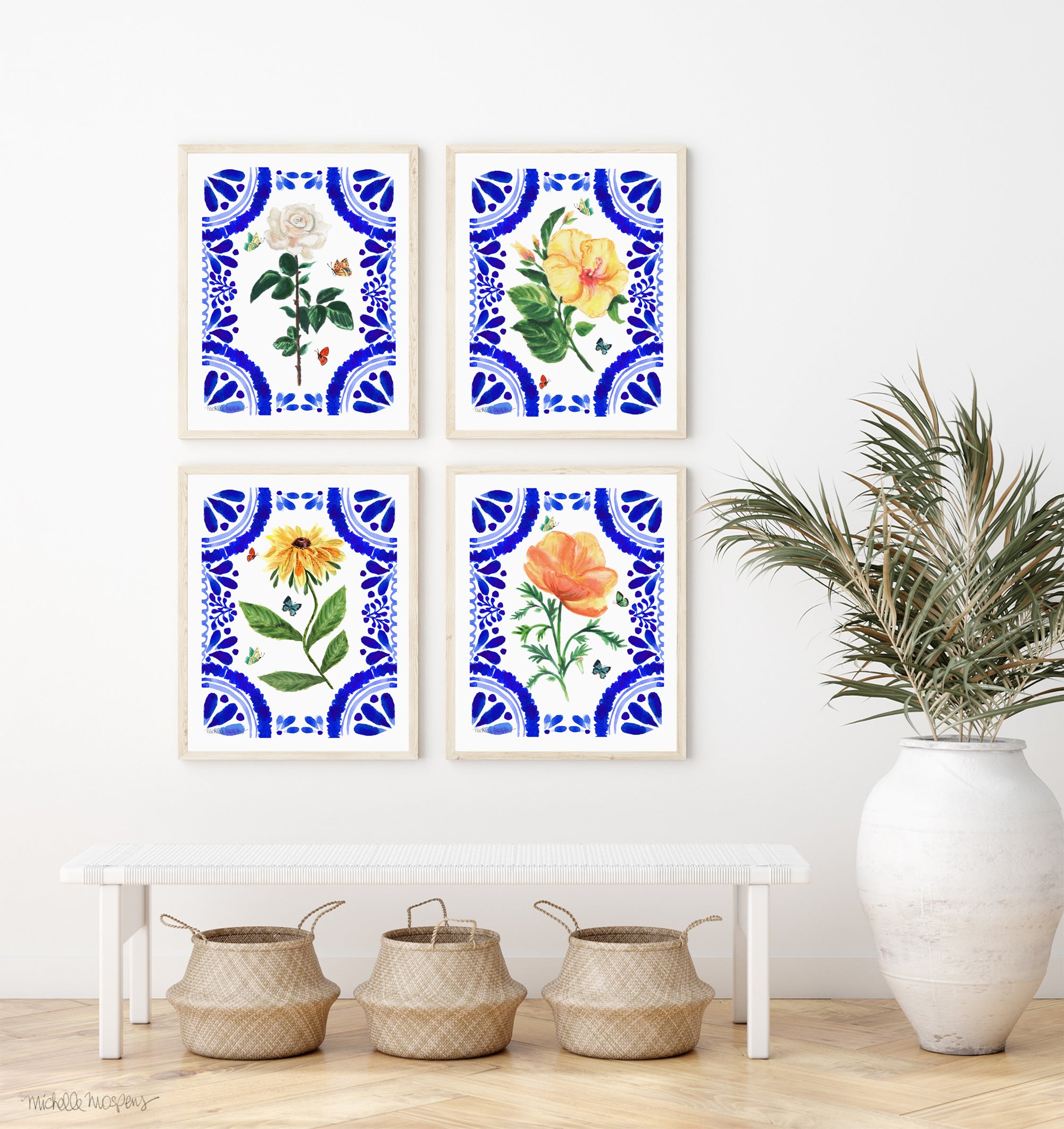 Watercolor Talavera Botanical Flowers Unframed Wall Art Print Set of 4