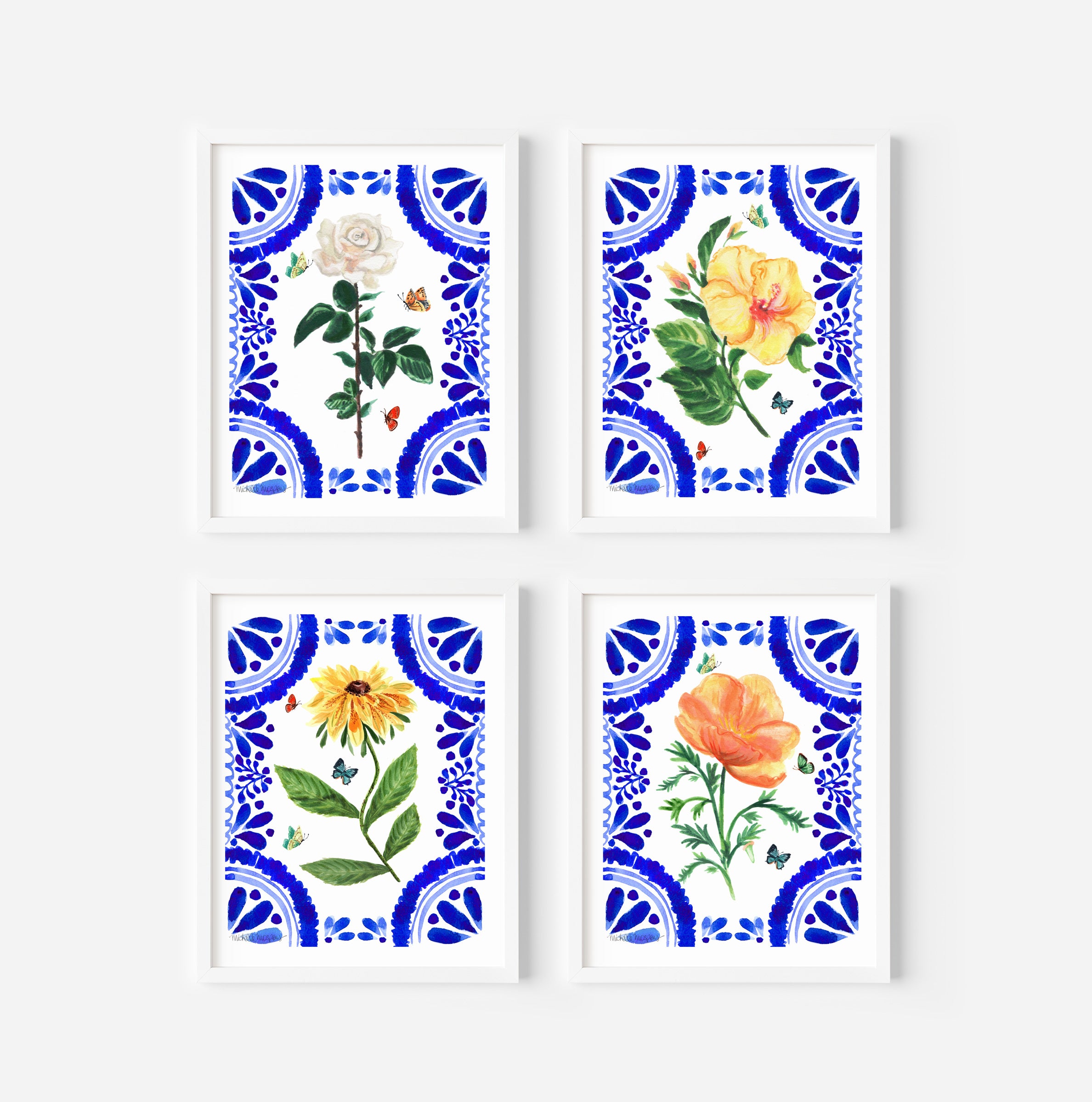 Watercolor Talavera Botanical Flowers Unframed Wall Art Print Set of 4