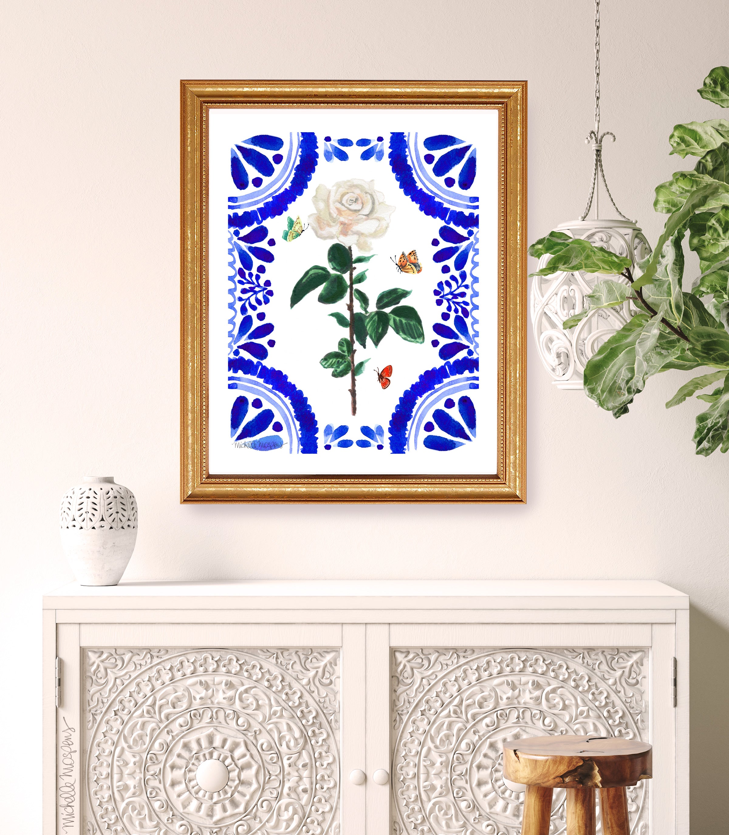 Watercolor Talavera Rose Bloom Unframed Wall Art Print