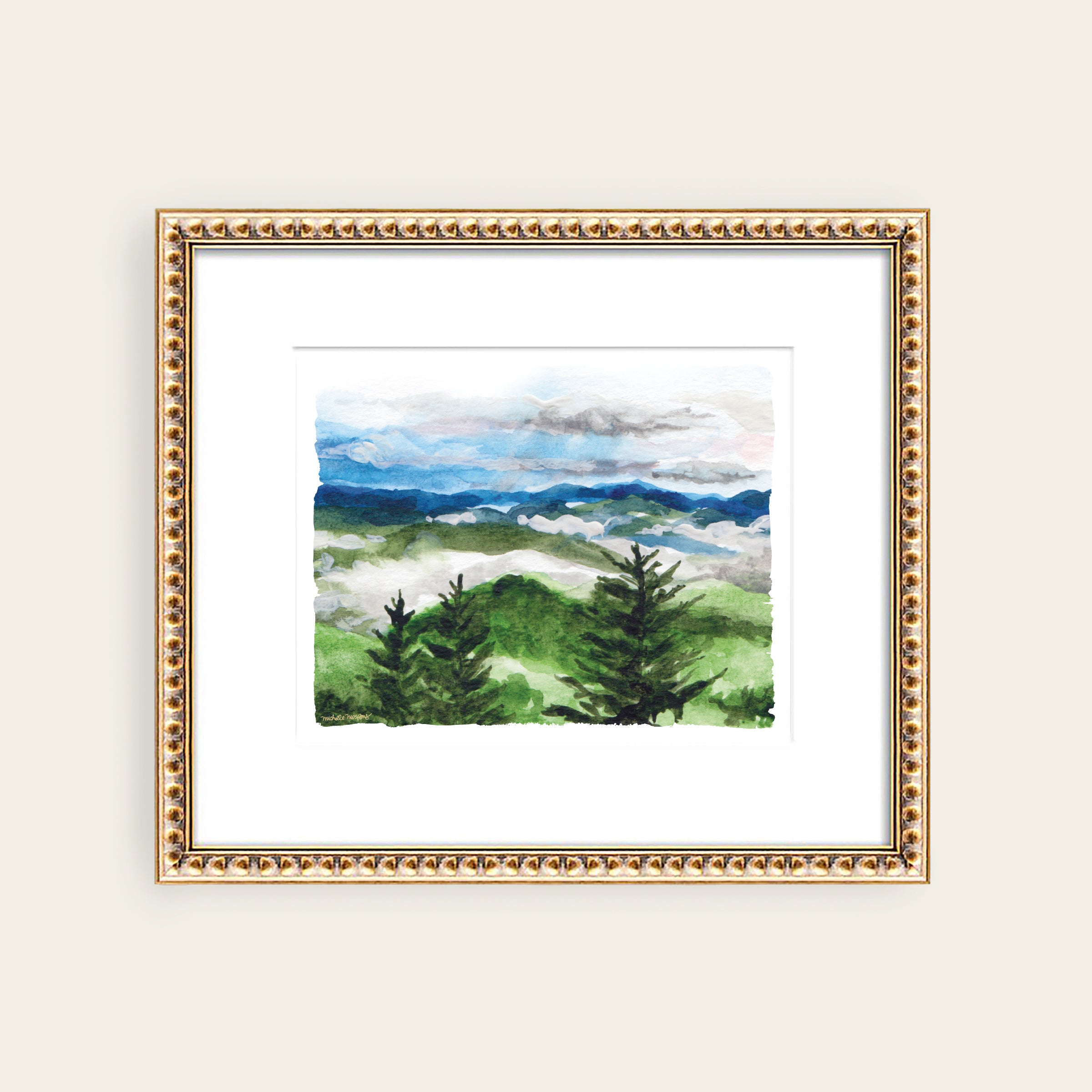 Mountain Resort Landscape Watercolor Wall Art Print by Michelle Mospens