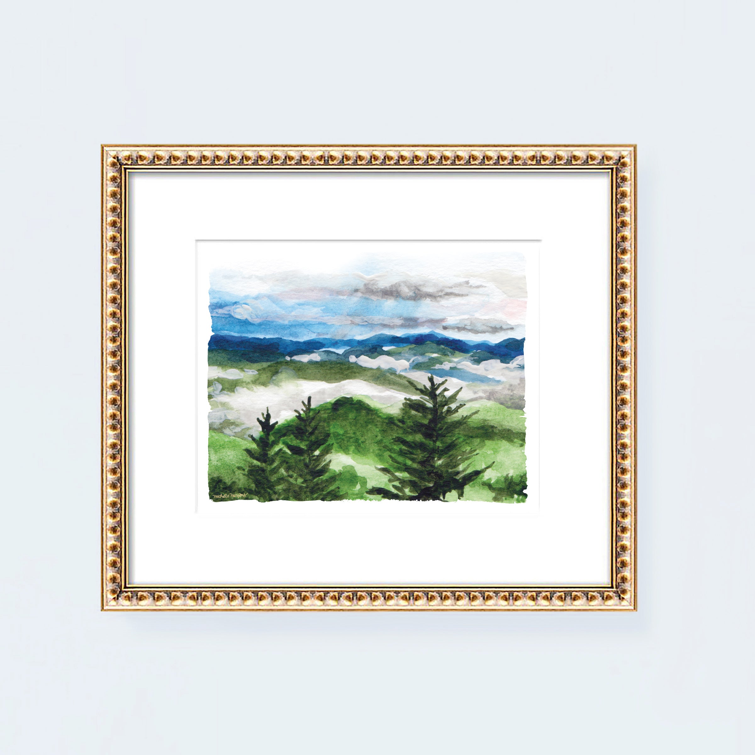 Mountain Resort Landscape Watercolor Wall Art Print by Michelle Mospens