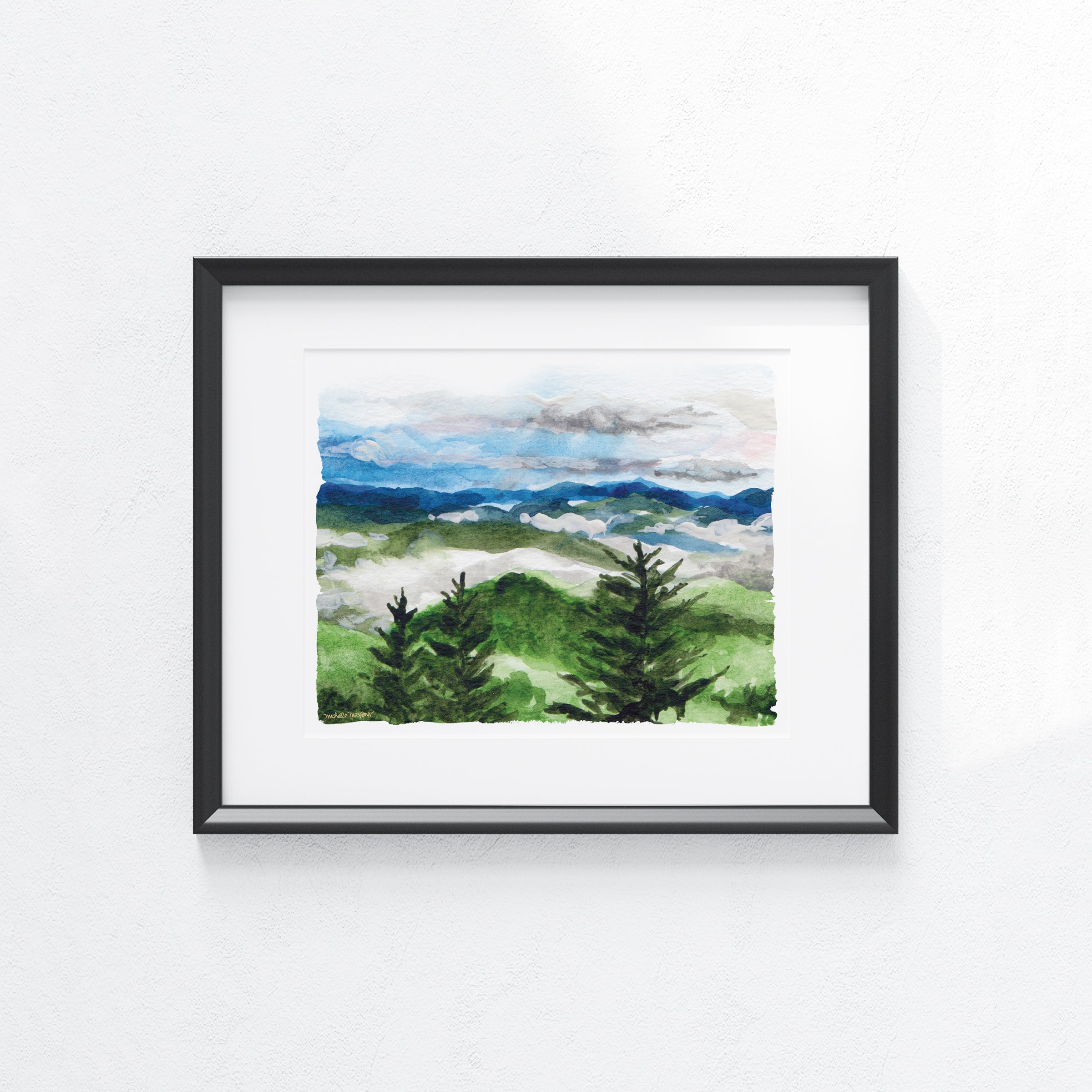 Mountain Resort Landscape Watercolor Wall Art Print by Michelle Mospens