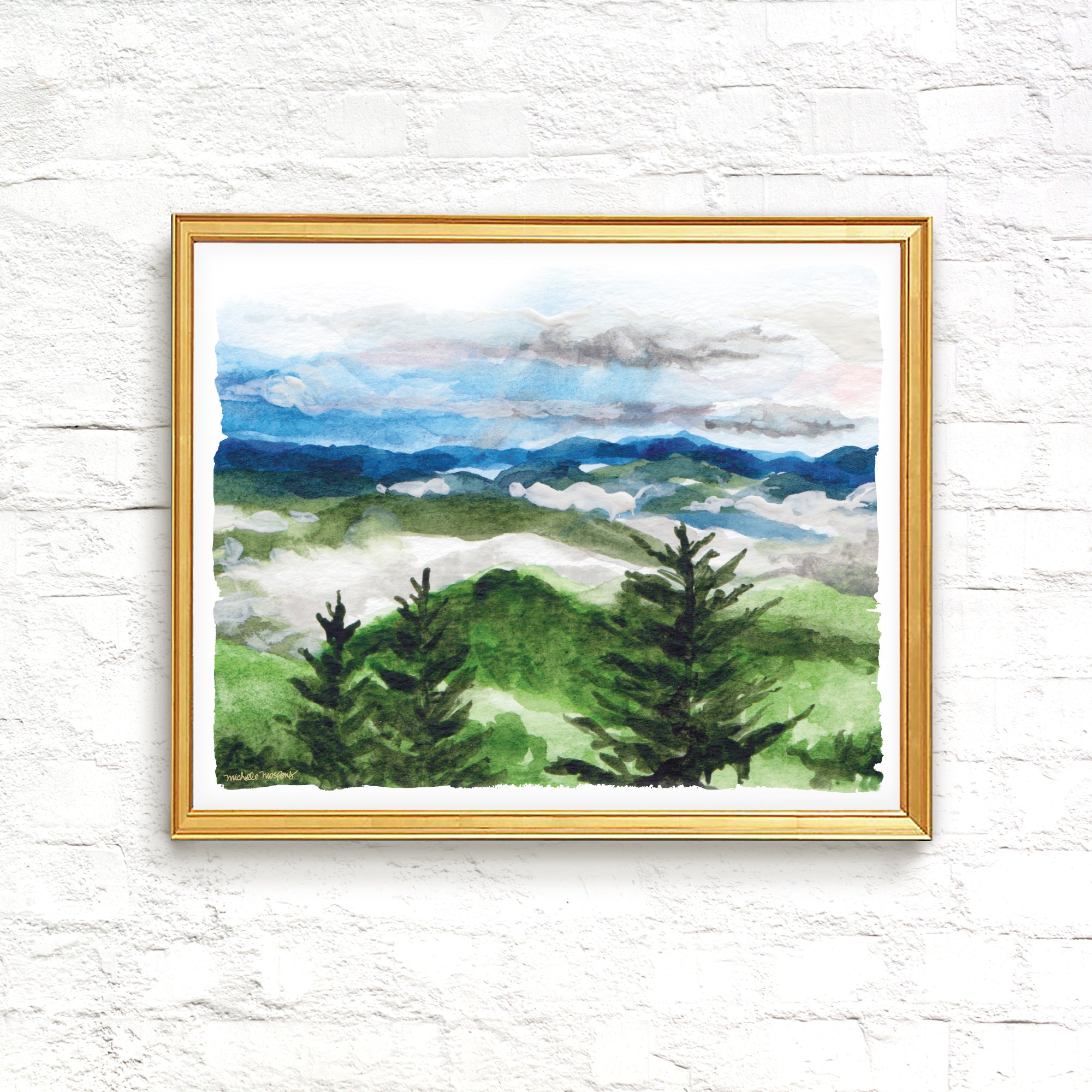 Mountain Resort Landscape Watercolor Wall Art Print by Michelle Mospens