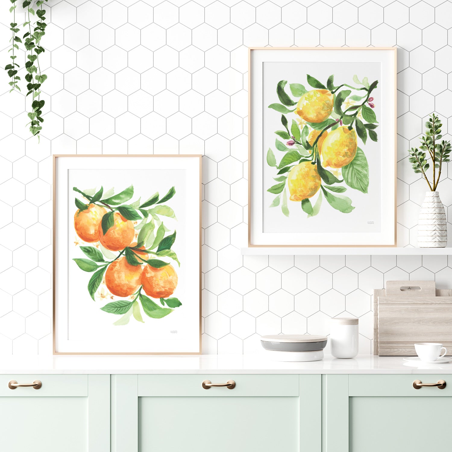 Watercolor Lemons and Oranges fruit kitchen wall art print set. Watercolor painting by artist Michelle Mospens.