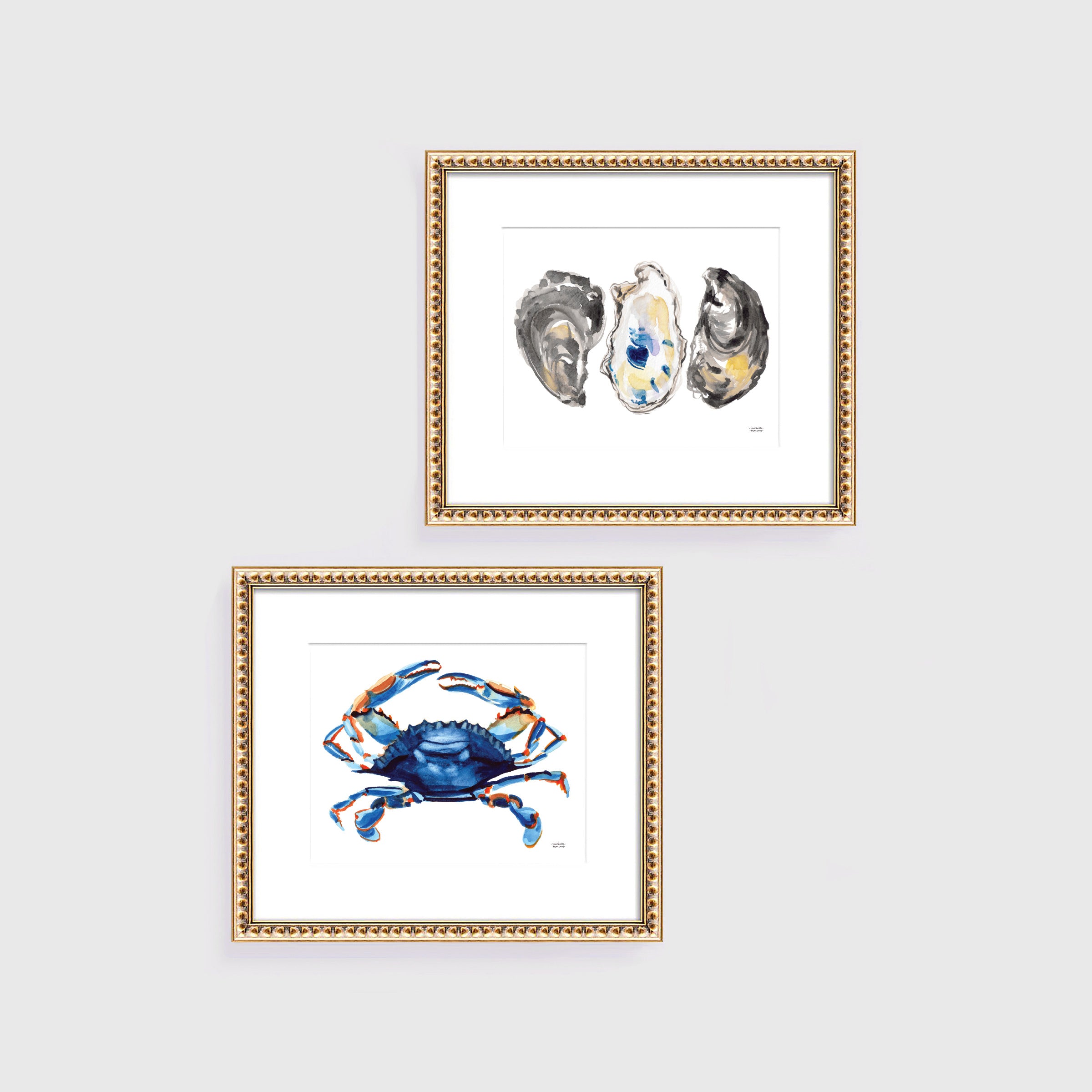 Watercolor Oysters and Blue Crab Art Print Set | Coastal Wall Art