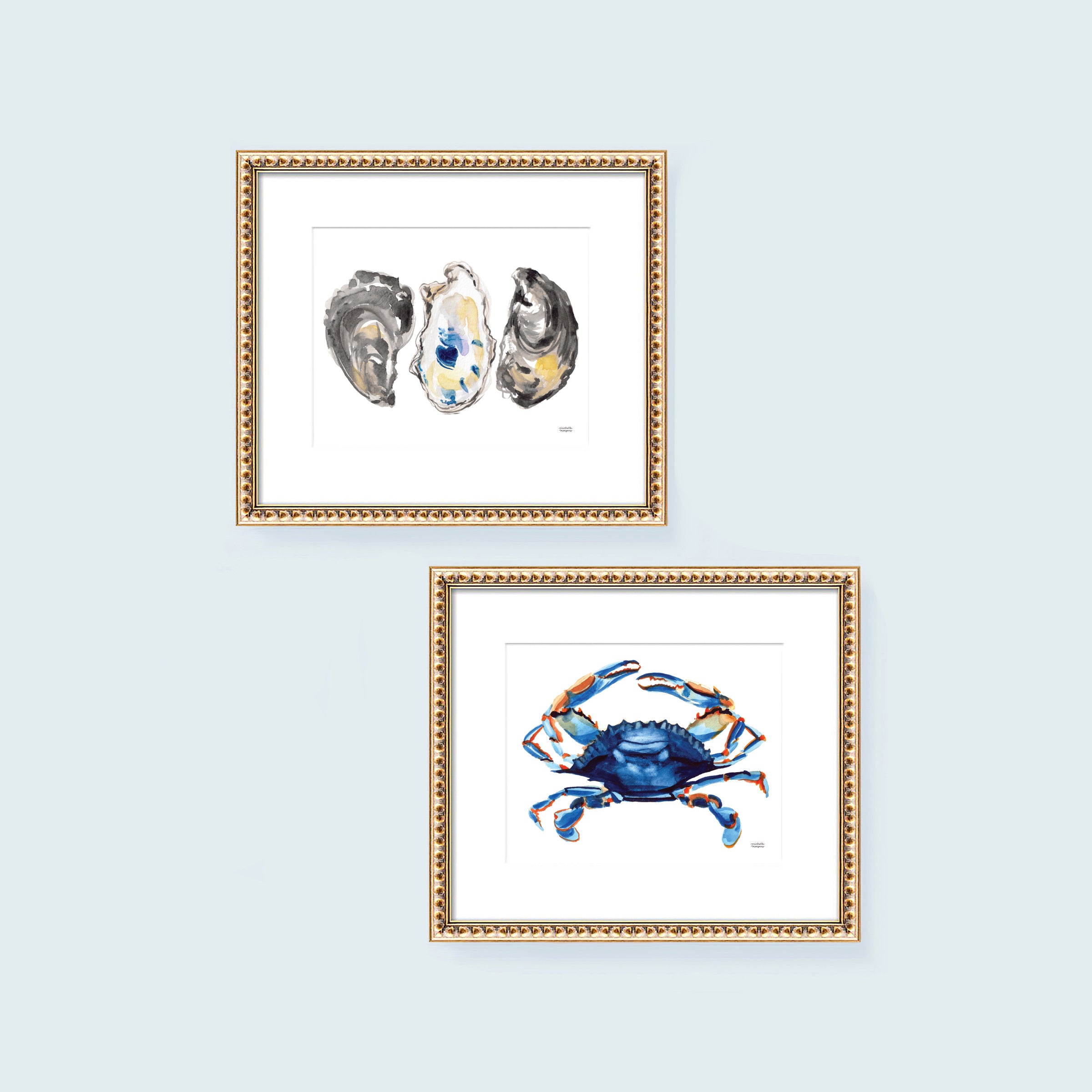 Watercolor Oysters and Blue Crab Art Print Set | Coastal Wall Art